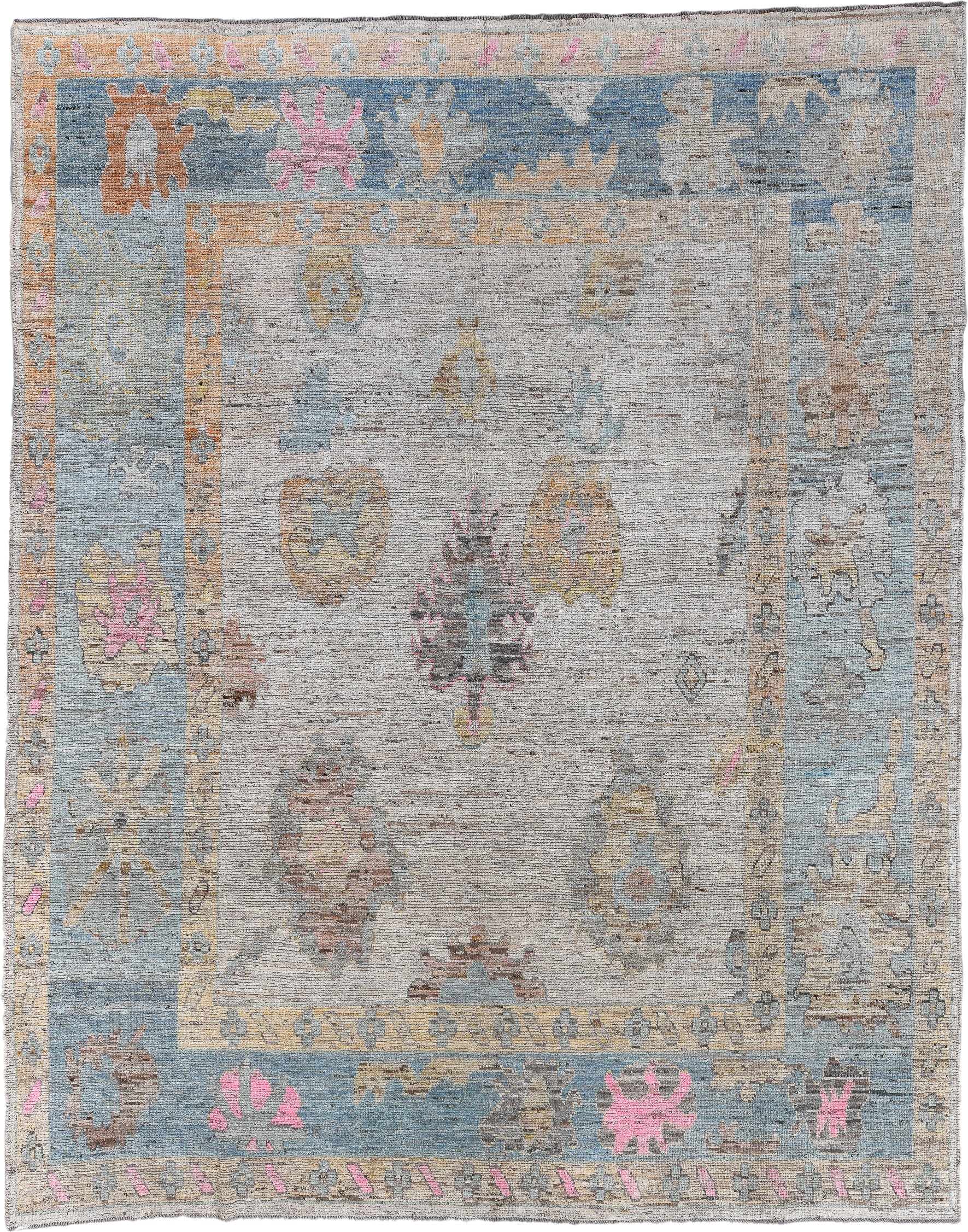 10' x 13' one-of-a-kind handmade vintage Oushak oversize rug. Color palette: ivory, pale blue, sand, pink, gold, taupe