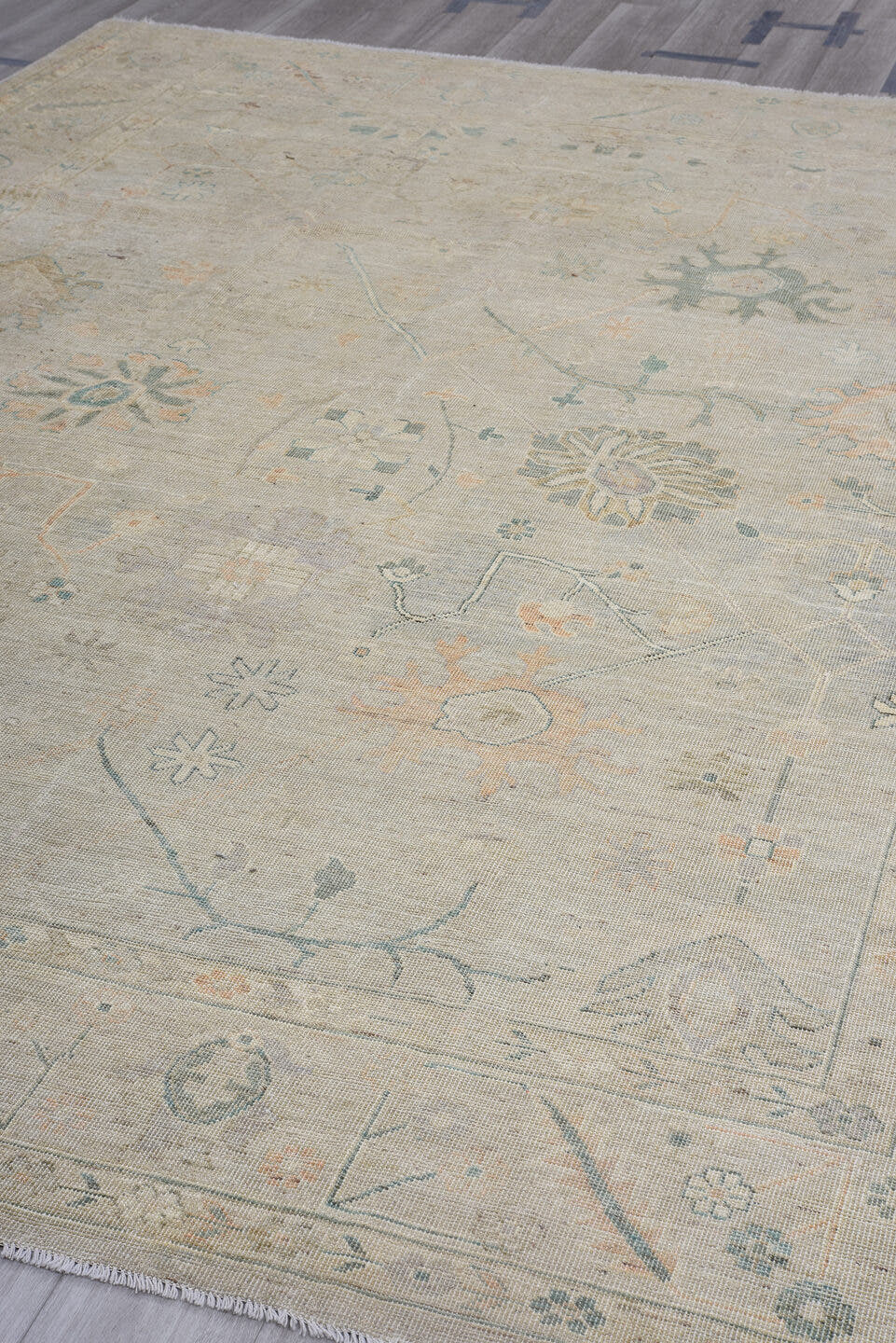 8' x 11' one-of-a-kind handmade vintage Oushak large size rug. Color palette: ivory, taupe, sage, soft blue, blush, beige