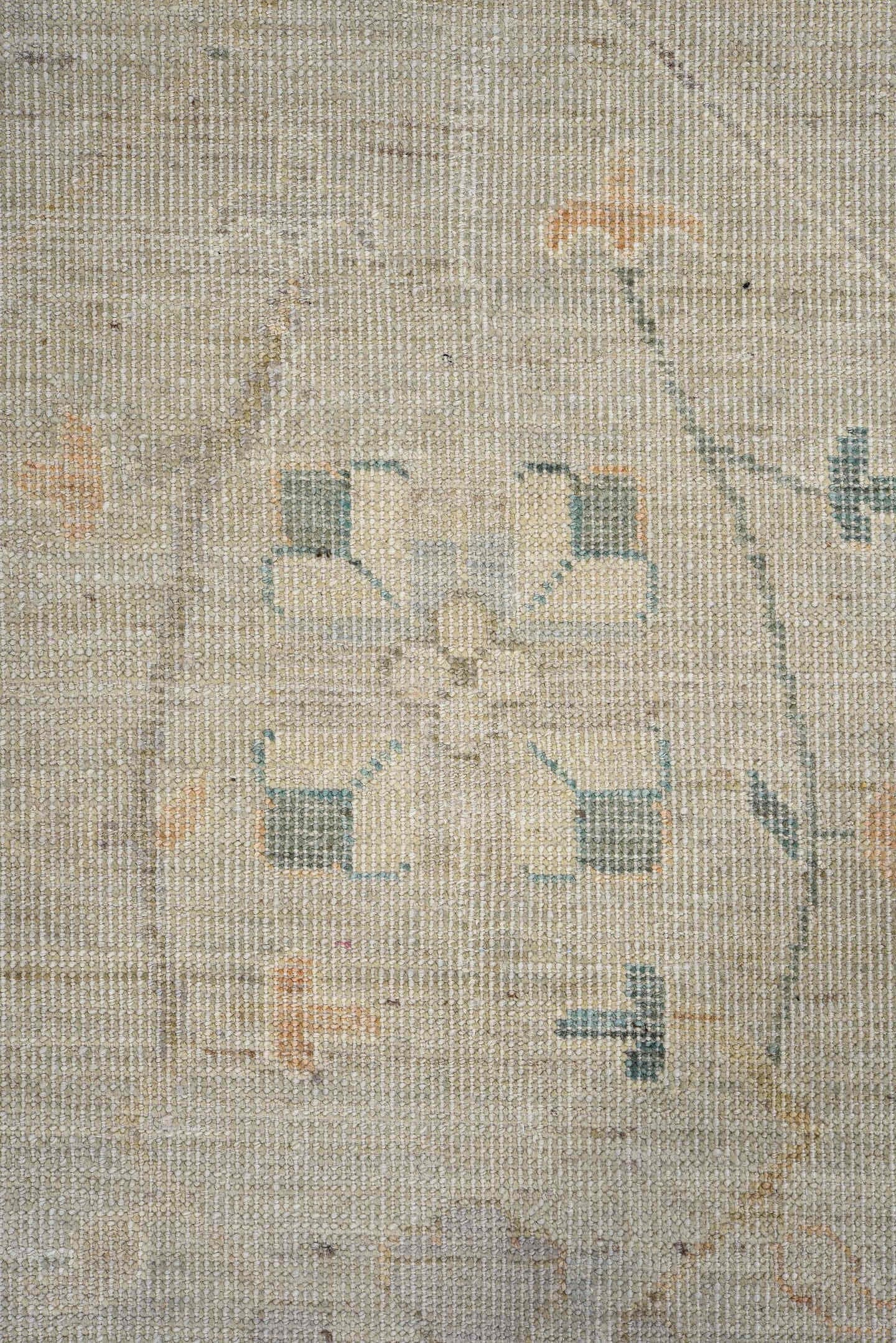 8' x 11' one-of-a-kind handmade vintage Oushak large size rug. Color palette: ivory, taupe, sage, soft blue, blush, beige