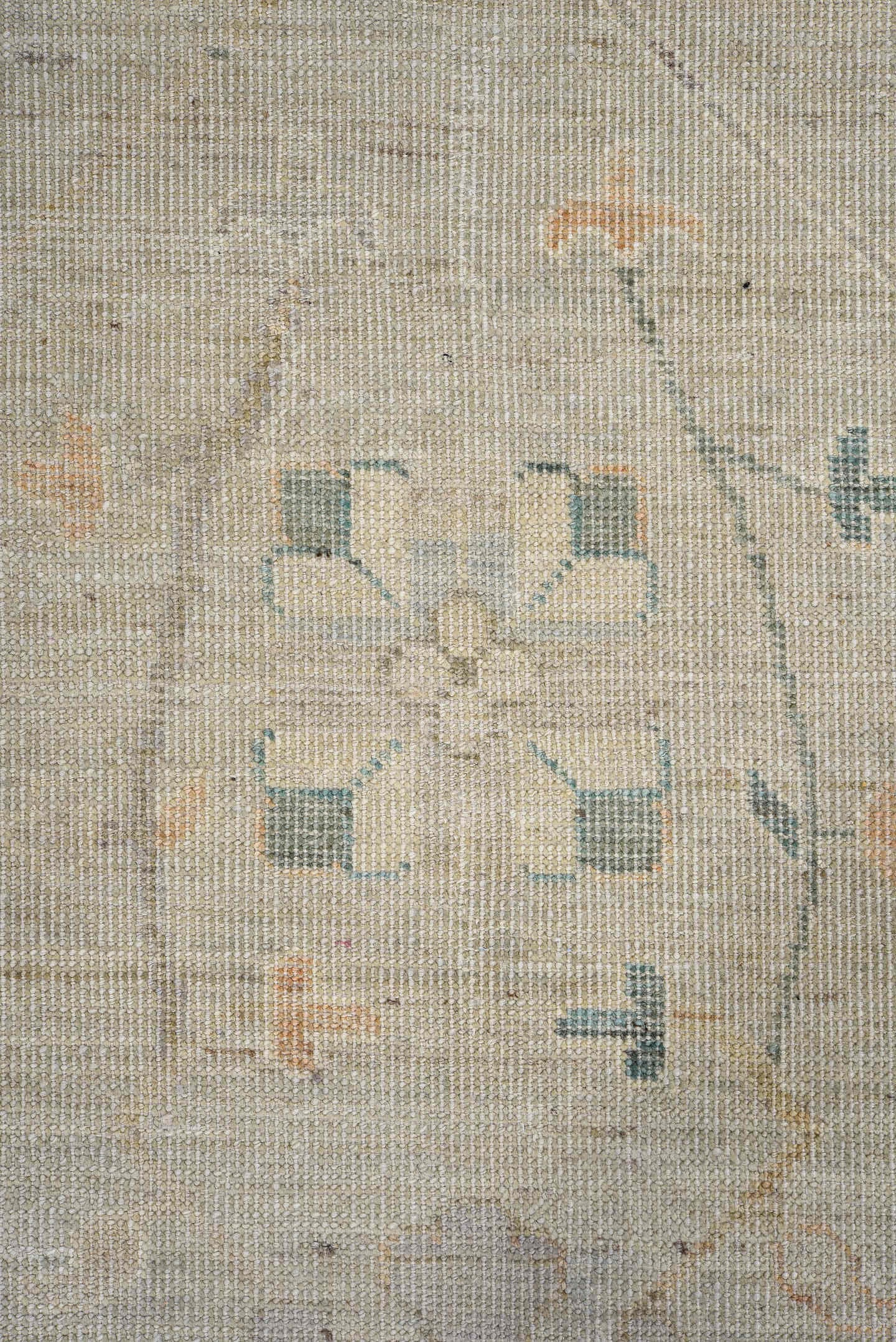 8' x 11' one-of-a-kind handmade vintage Oushak large size rug. Color palette: ivory, taupe, sage, soft blue, blush, beige