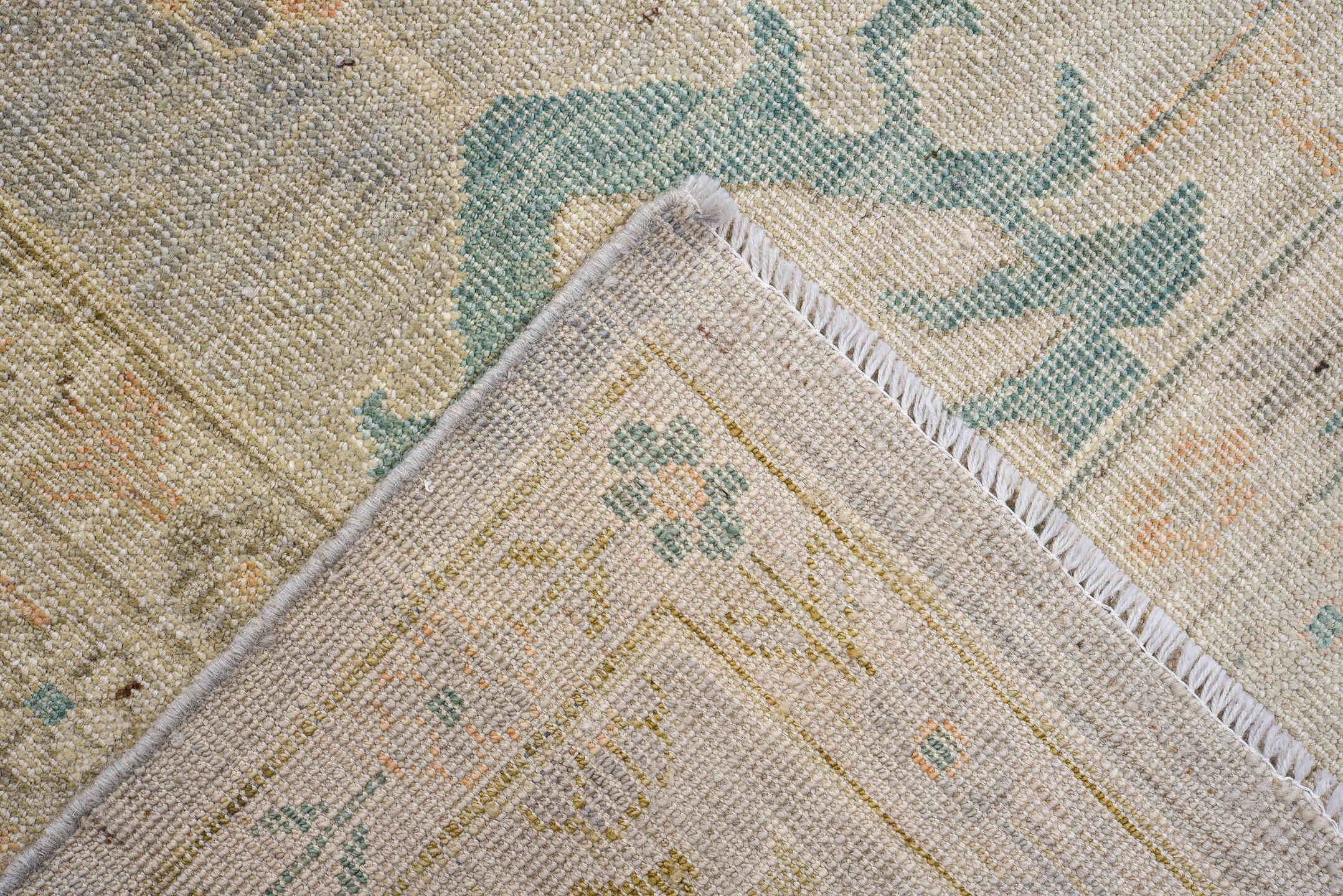 8' x 11' one-of-a-kind handmade vintage Oushak large size rug. Color palette: ivory, taupe, sage, soft blue, blush, beige