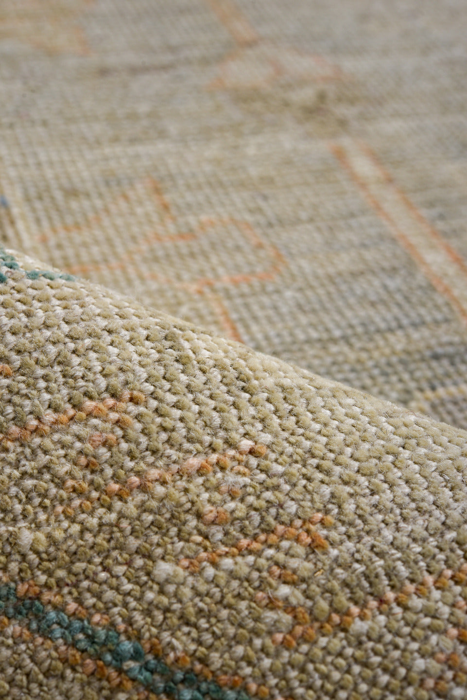 8' x 11' one-of-a-kind handmade vintage Oushak large size rug. Color palette: ivory, taupe, sage, soft blue, blush, beige