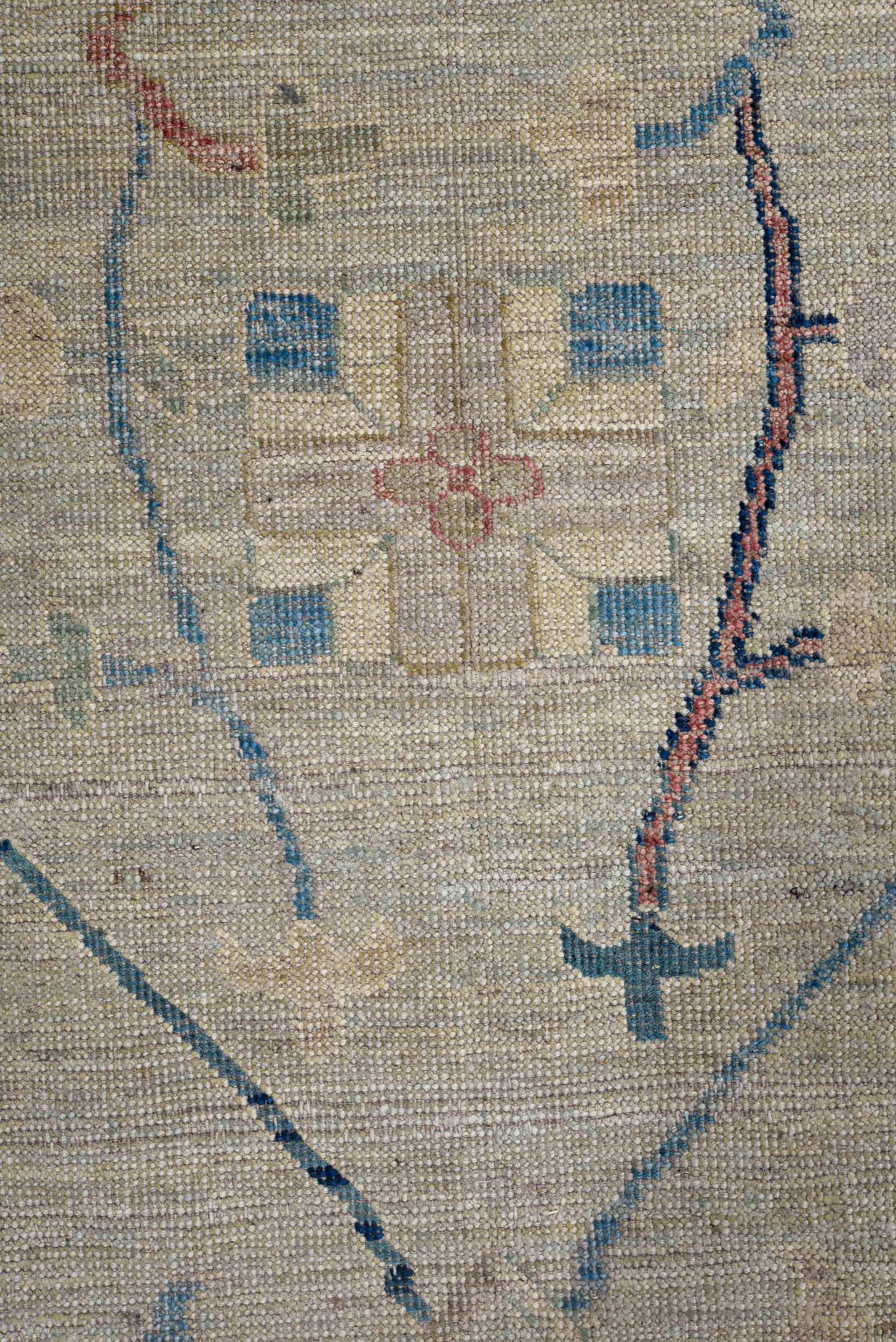 9' x 12' one-of-a-kind handmade vintage Oushak large size rug. Color palette: ivory, beige, pale blue, navy, blush, sand