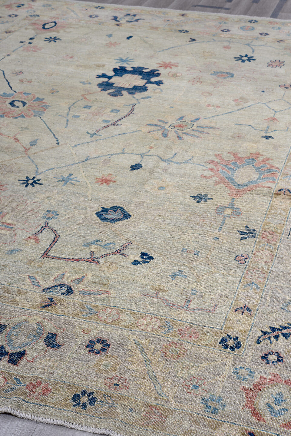 9' x 12' one-of-a-kind handmade vintage Oushak large size rug. Color palette: ivory, beige, pale blue, navy, blush, sand