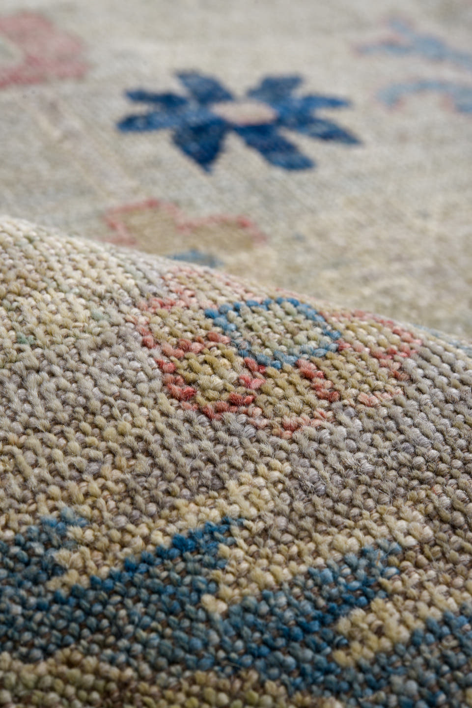9' x 12' one-of-a-kind handmade vintage Oushak large size rug. Color palette: ivory, beige, pale blue, navy, blush, sand