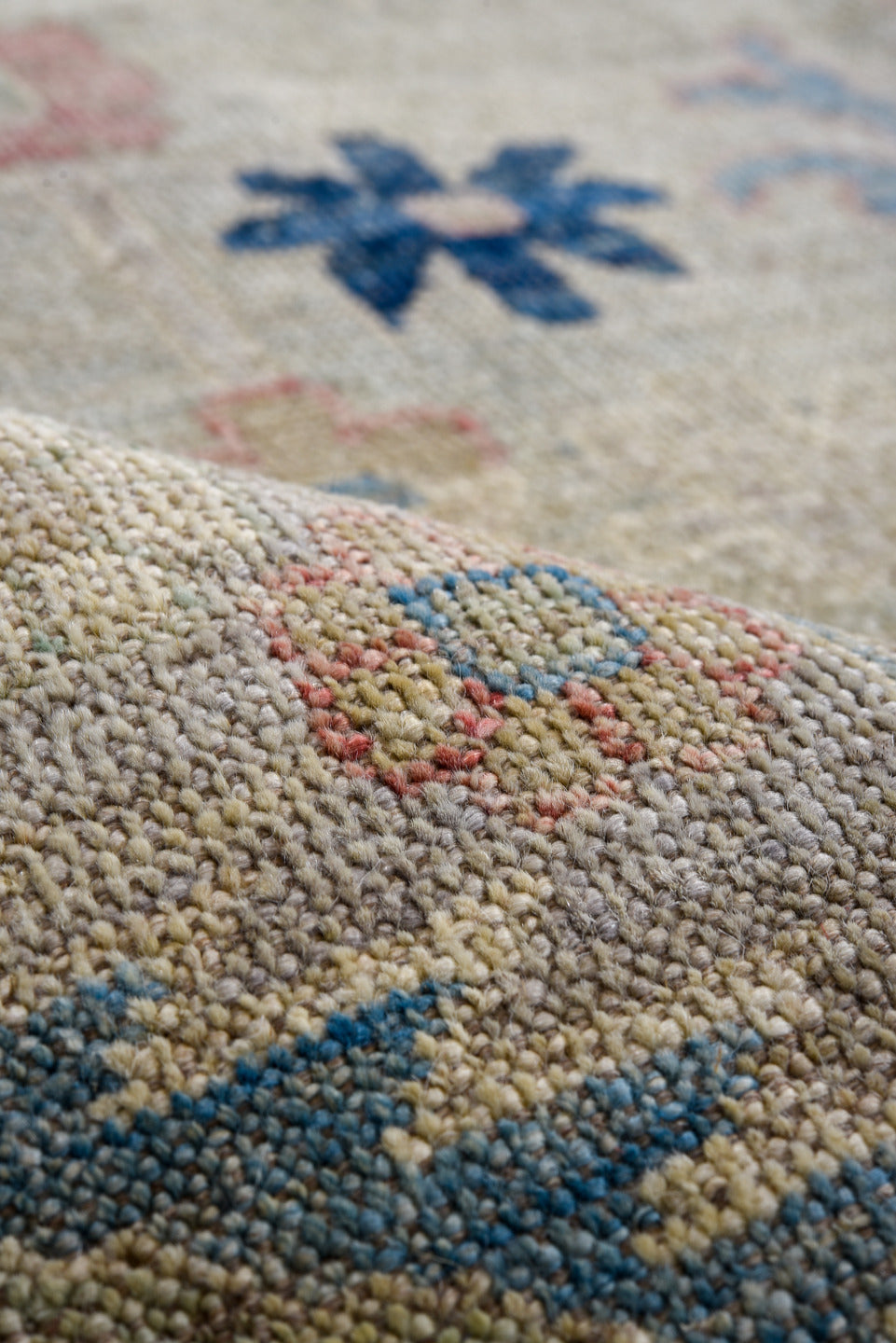9' x 12' one-of-a-kind handmade vintage Oushak large size rug. Color palette: ivory, beige, pale blue, navy, blush, sand