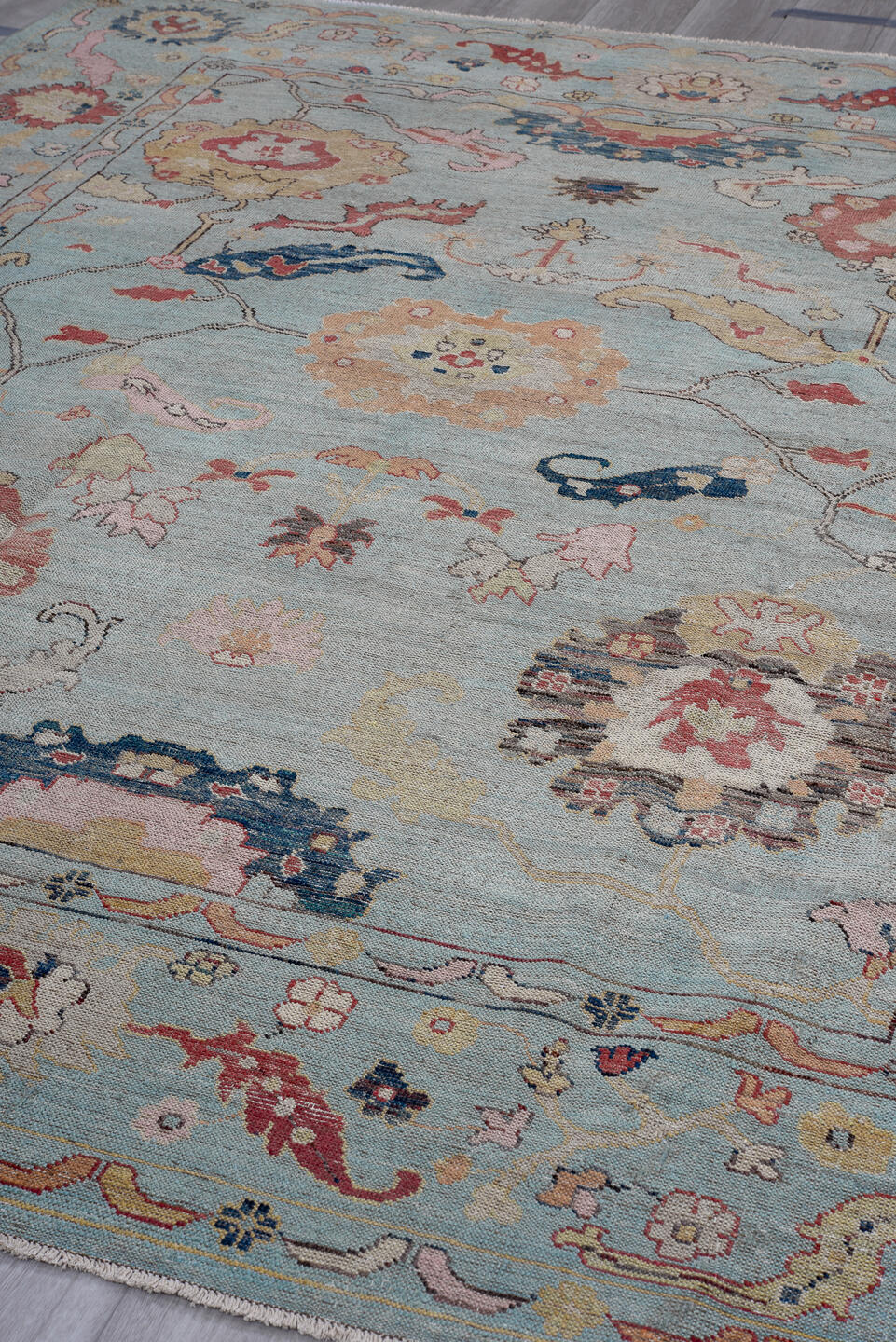 8' x 9' one-of-a-kind handmade vintage Oushak large size rug. Color palette: light blue, ivory, coral, navy, gold, pink