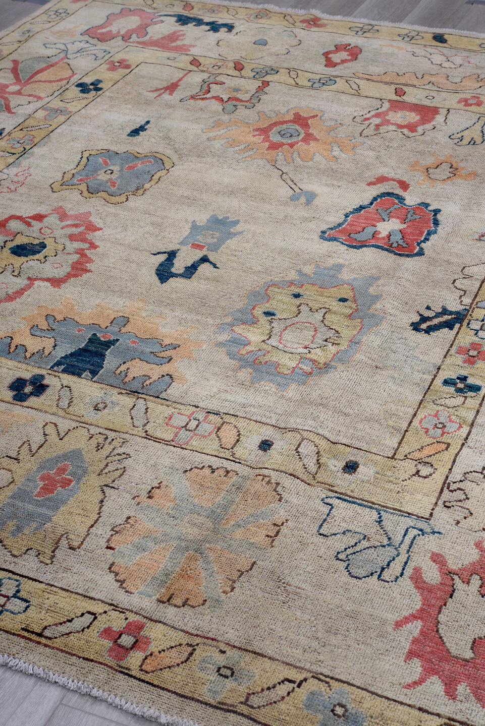 7' x 9' one-of-a-kind handmade vintage Oushak rug. Color palette: black, blue, brown, dark gray, gray, light gray, off-white