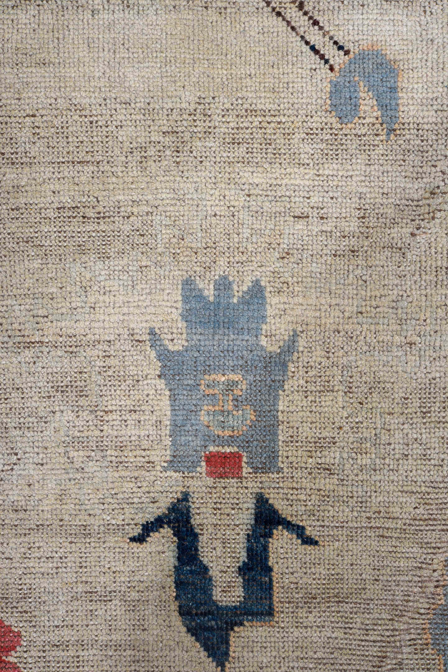 7' x 9' one-of-a-kind handmade vintage Oushak rug. Color palette: ivory, pale blue, coral, navy, beige, taupe, peach