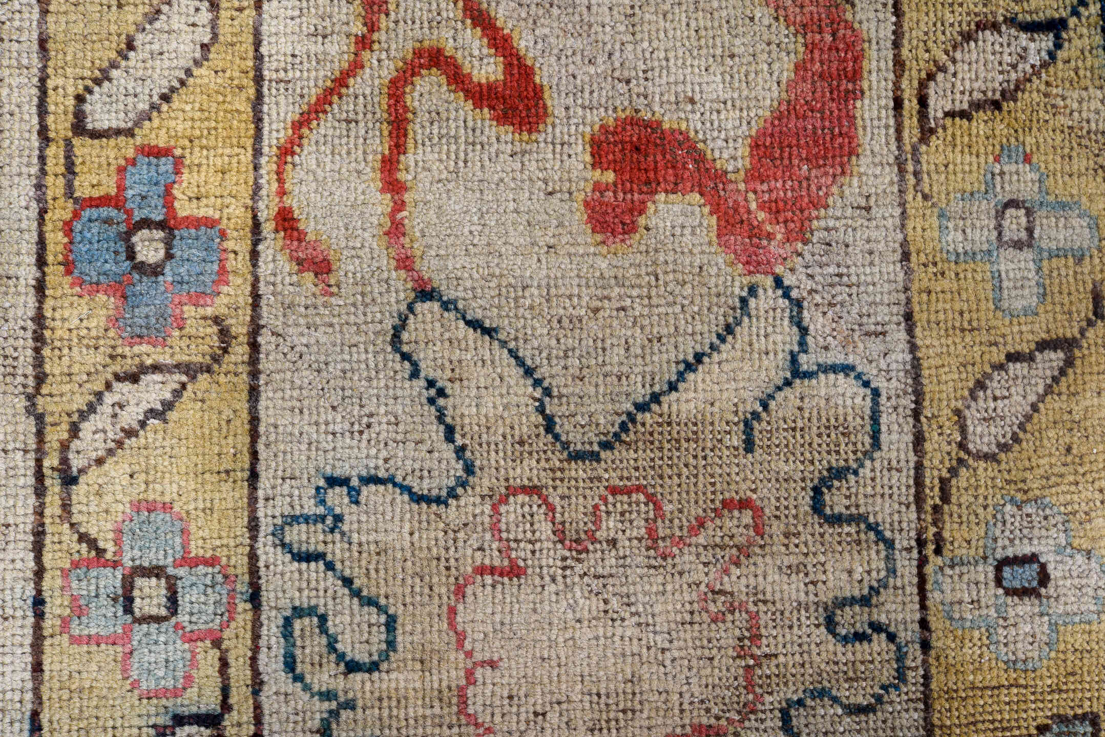 7' x 9' one-of-a-kind handmade vintage Oushak rug. Color palette: ivory, pale blue, coral, navy, beige, taupe, peach