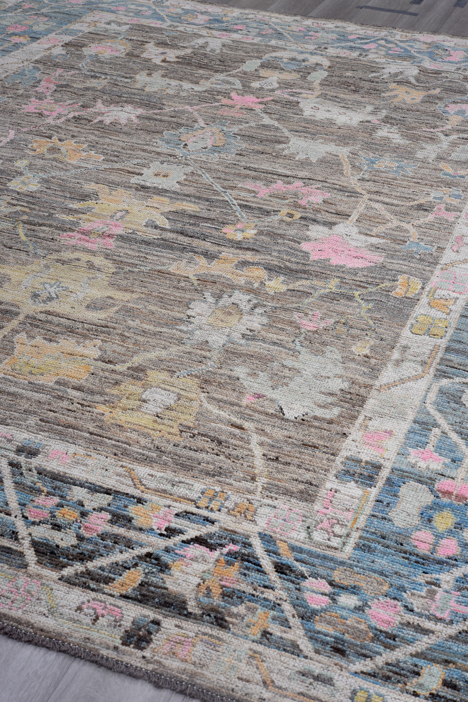 9' x 11' one-of-a-kind handmade vintage Oushak large size rug. Color palette: gray, powder_blue, ivory, blush, taupe