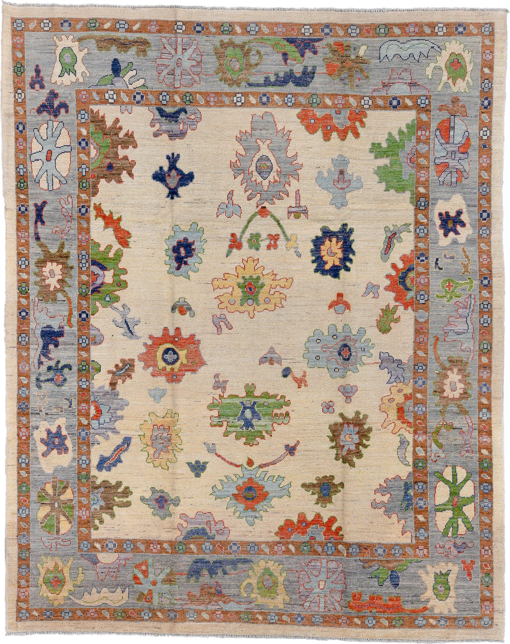 9' x 11' one-of-a-kind handmade vintage Oushak large size rug. Color palette: ivory, gray, terra cotta, sage, sky blue, navy