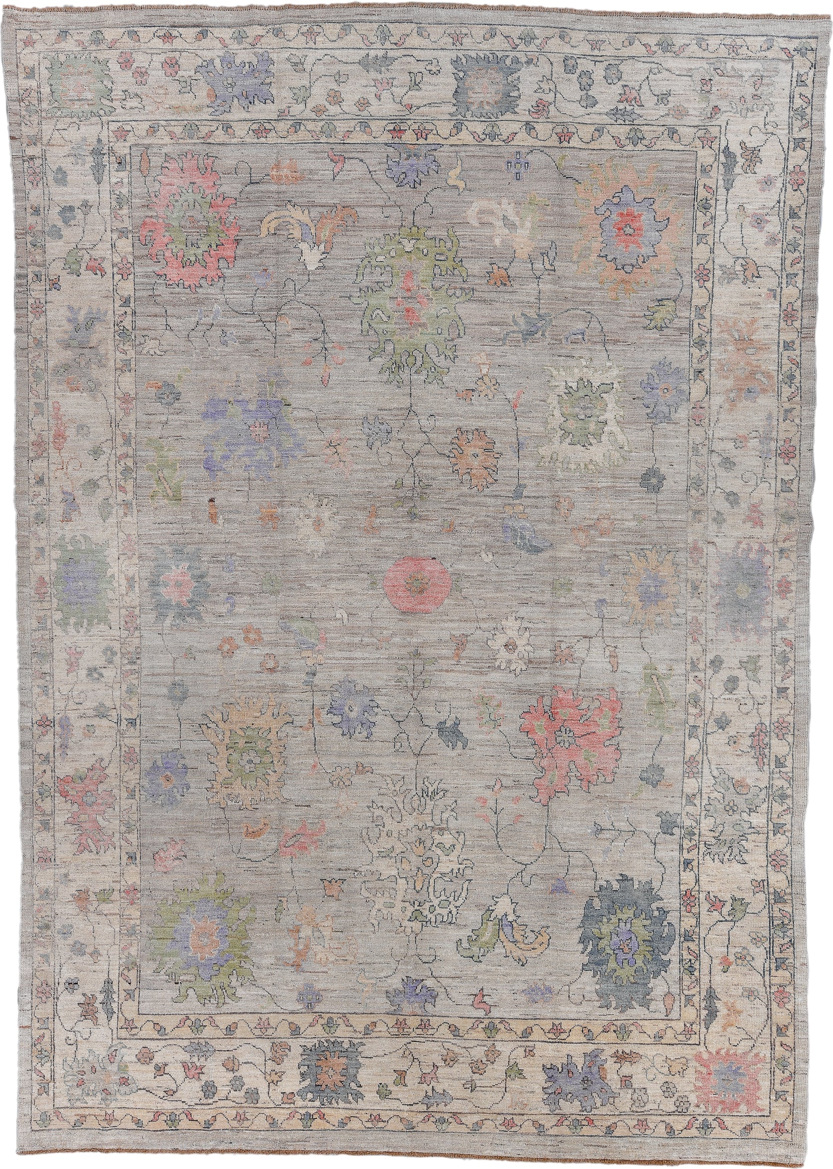 9' x 13' one-of-a-kind handmade vintage Oushak large size rug. Color palette: taupe, ivory, sage, coral, slate, lavender