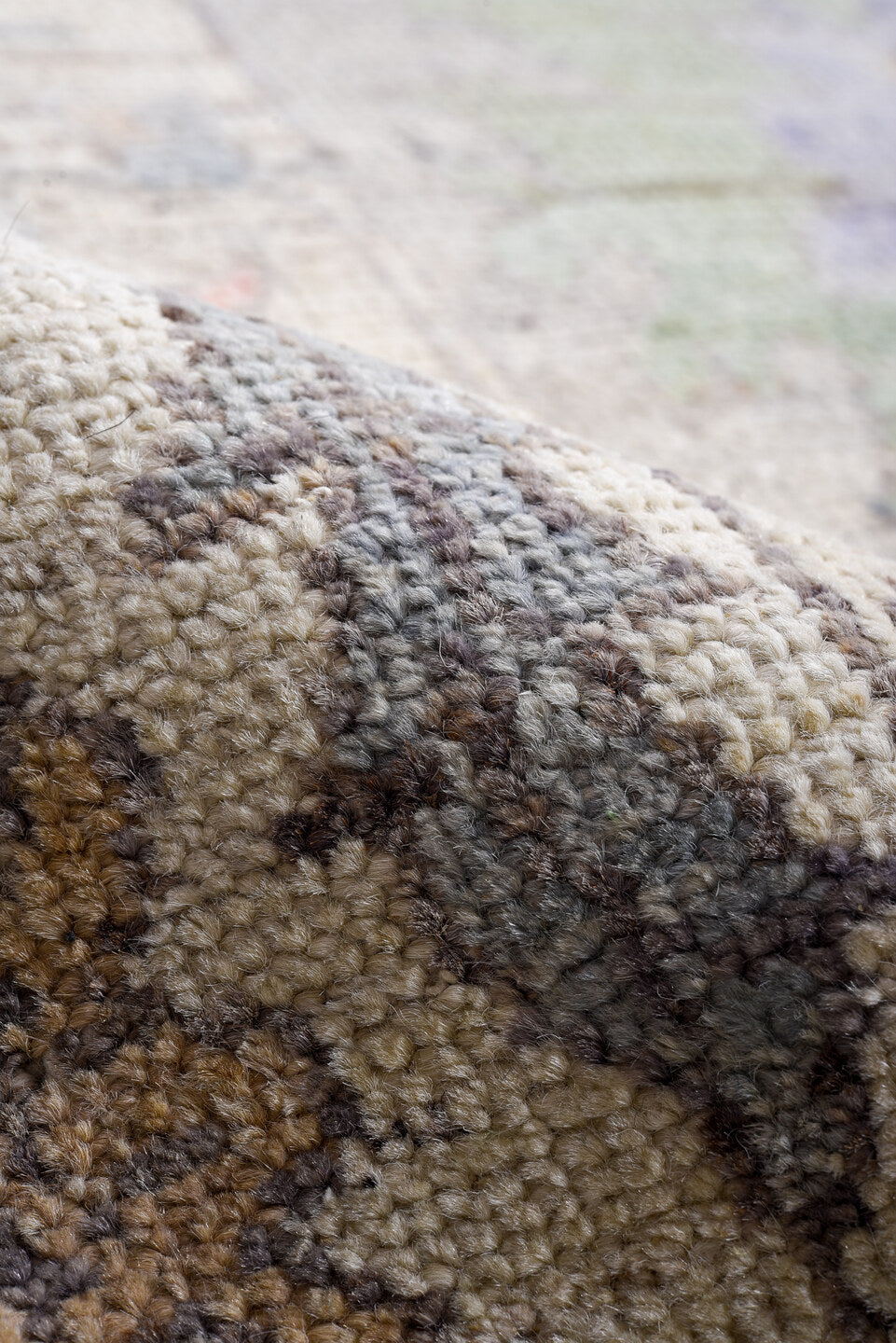 9' x 13' one-of-a-kind handmade vintage Oushak large size rug. Color palette: taupe, ivory, sage, coral, slate, lavender