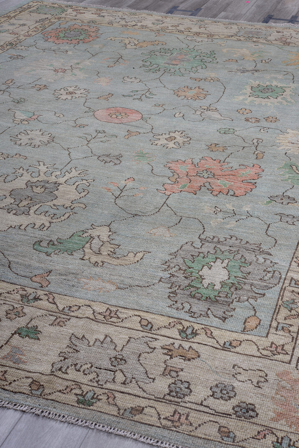 10' x 13' one-of-a-kind handmade vintage Oushak large size rug. Color palette: pale blue, ivory, blush, sage, peach, taupe