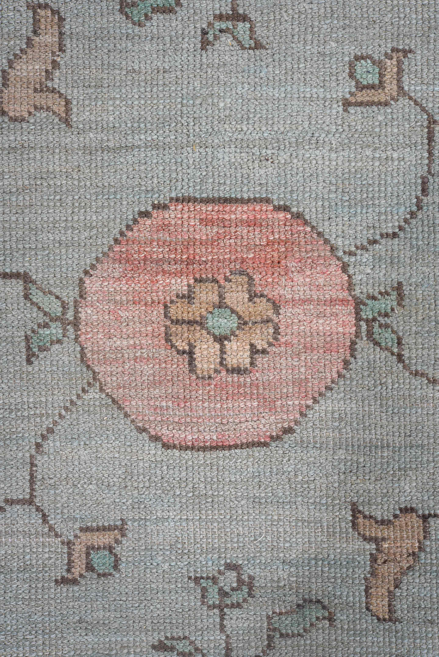10' x 13' one-of-a-kind handmade vintage Oushak large size rug. Color palette: pale blue, ivory, blush, sage, peach, taupe