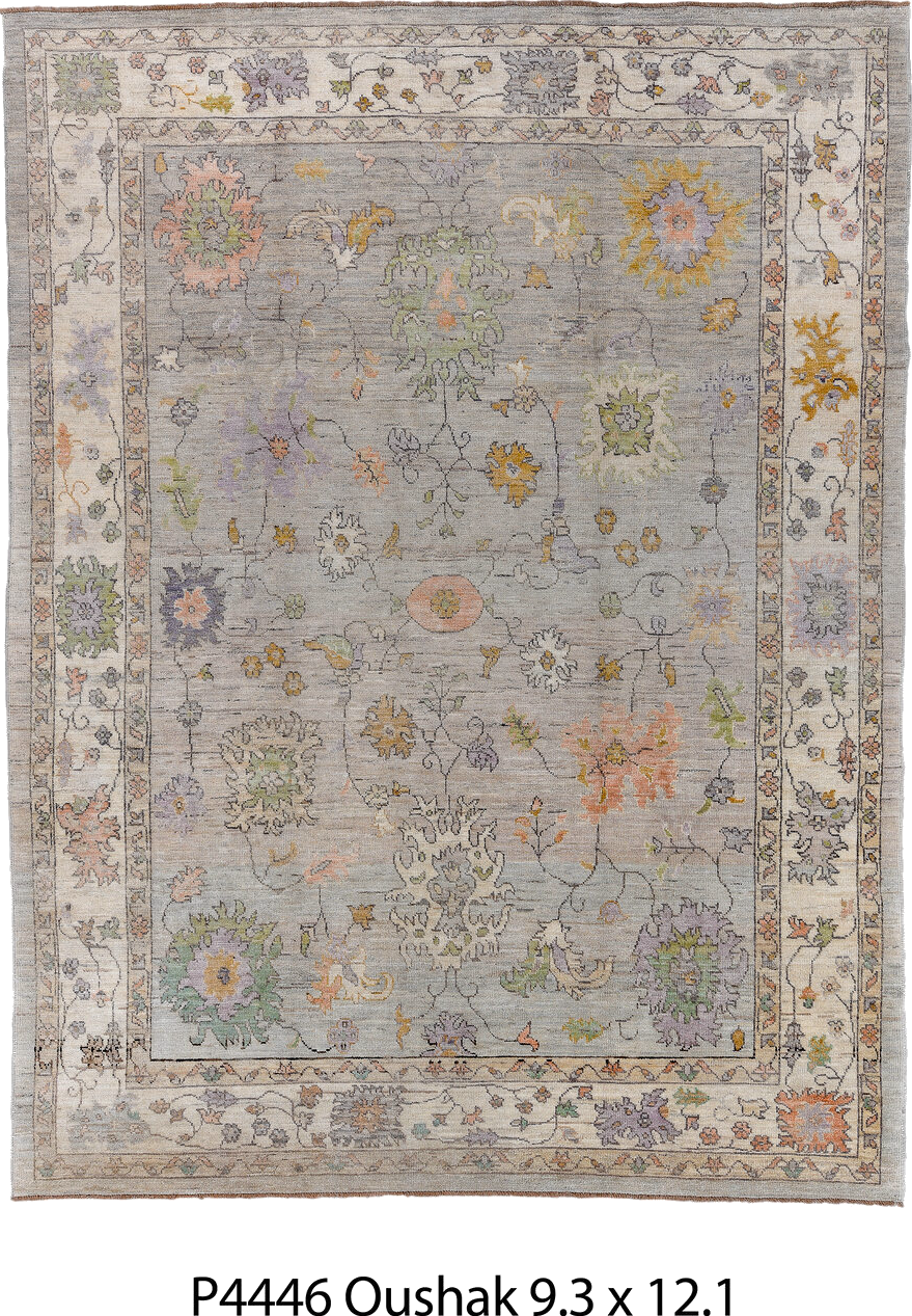 9' x 12' one-of-a-kind handmade vintage Oushak large size rug. Color palette: gray, light gray, off-white, black, pink