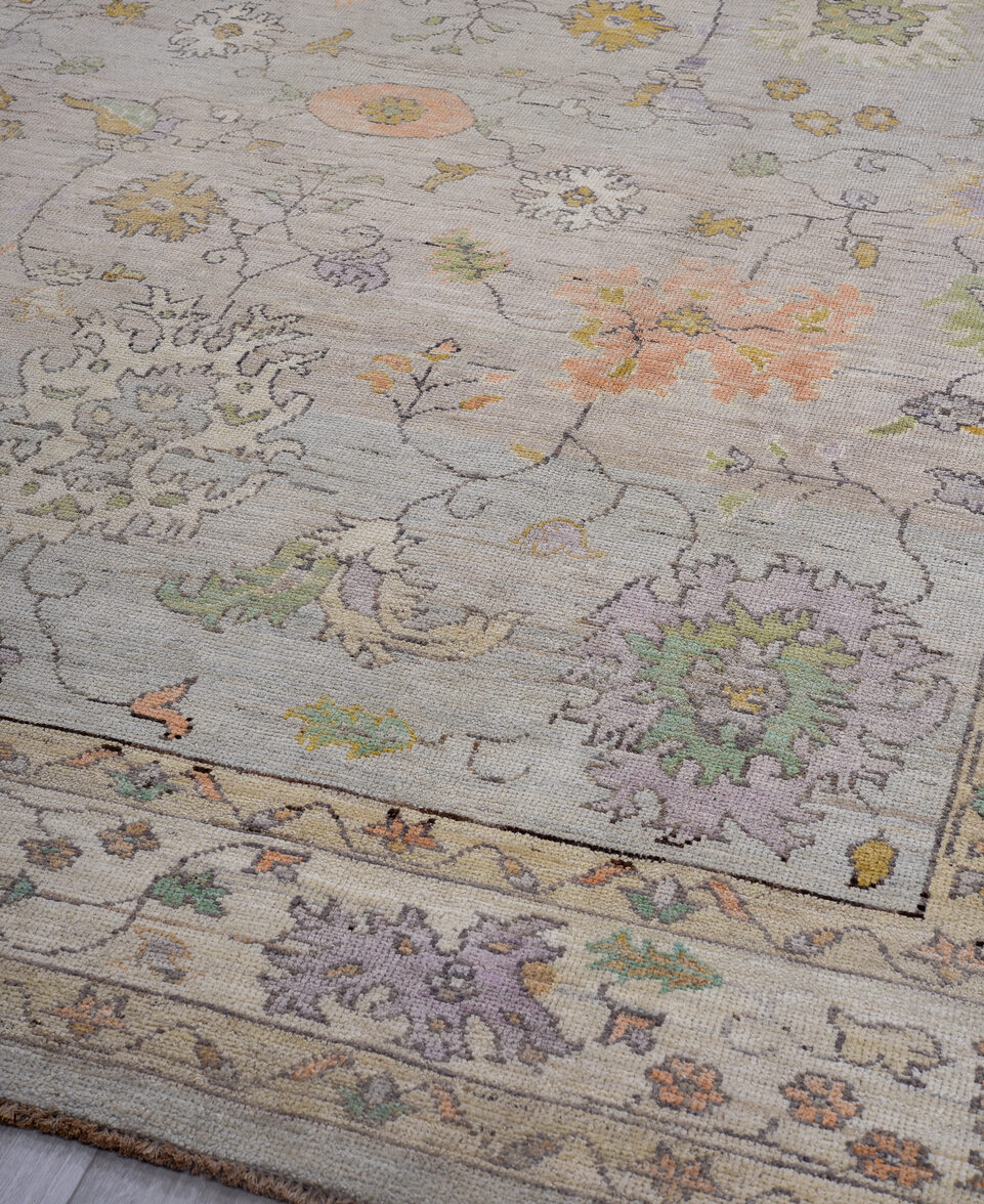 9' x 12' one-of-a-kind handmade vintage Oushak large size rug. Color palette: gray, light gray, off-white, black, pink