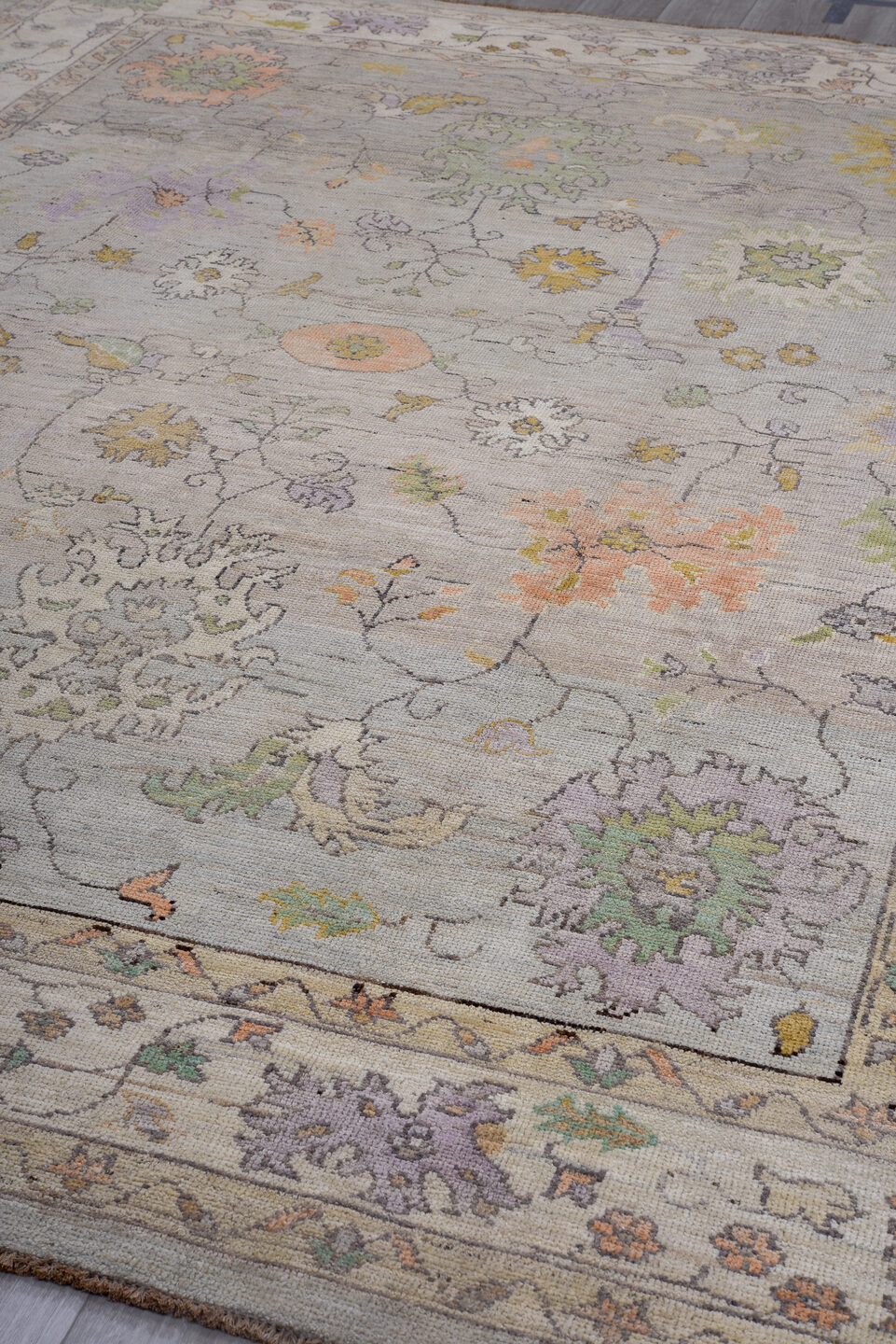 9' x 12' one-of-a-kind handmade vintage Oushak large size rug. Color palette: black, brown, gray, light gray, off-white