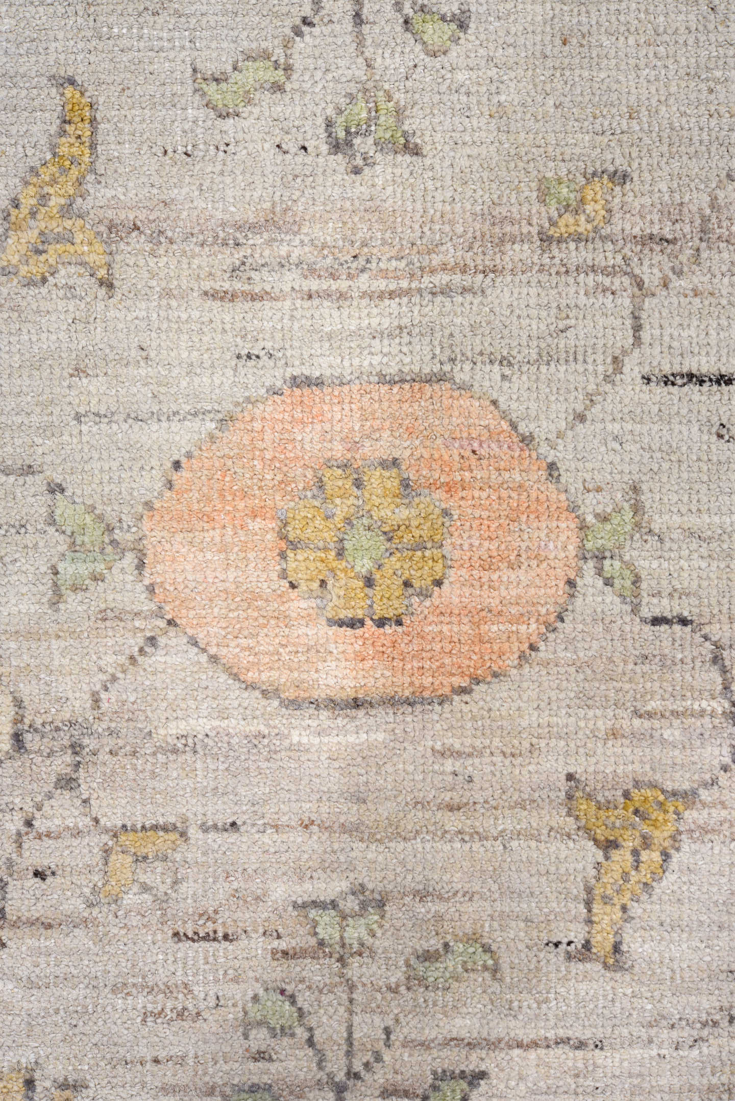 9' x 12' one-of-a-kind handmade vintage Oushak large size rug. Color palette: gray, ivory, sage, lavender, peach, gold