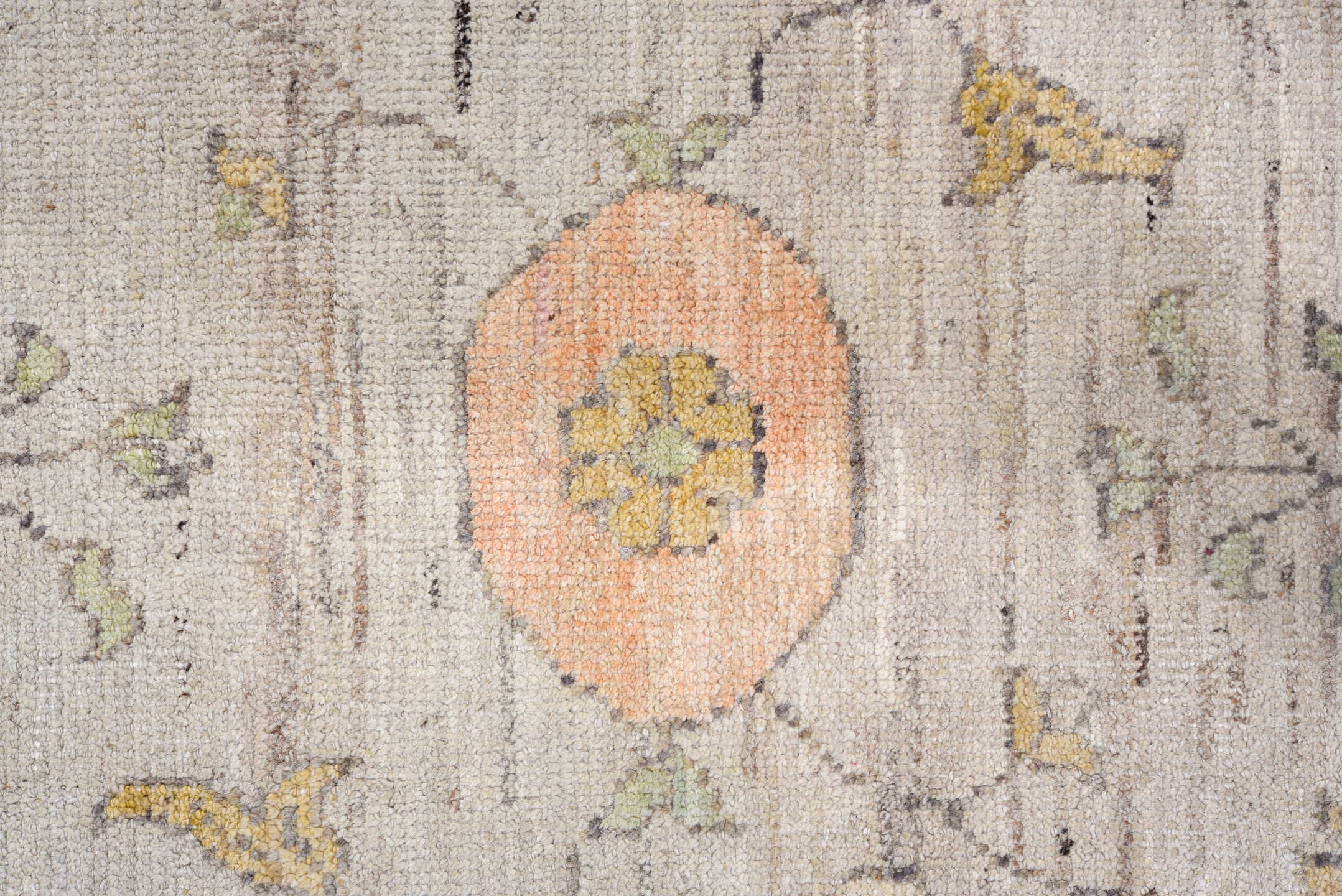 9' x 12' one-of-a-kind handmade vintage Oushak large size rug. Color palette: gray, light gray, off-white, black, pink