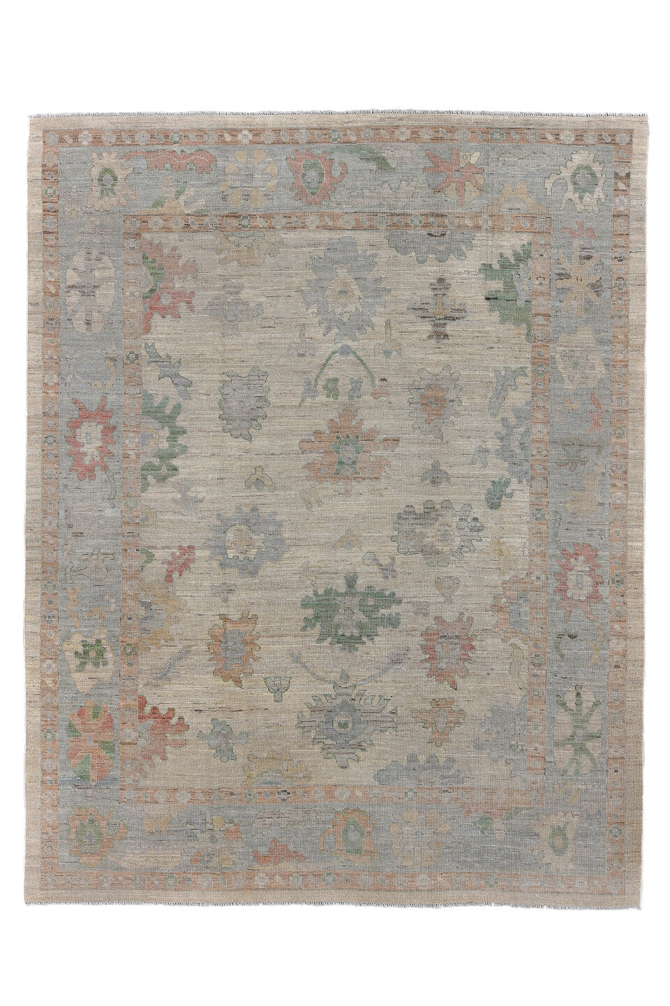 9' x 11' one-of-a-kind handmade vintage Oushak large size rug. Color palette: brown, dark gray, gray, light gray, off-white