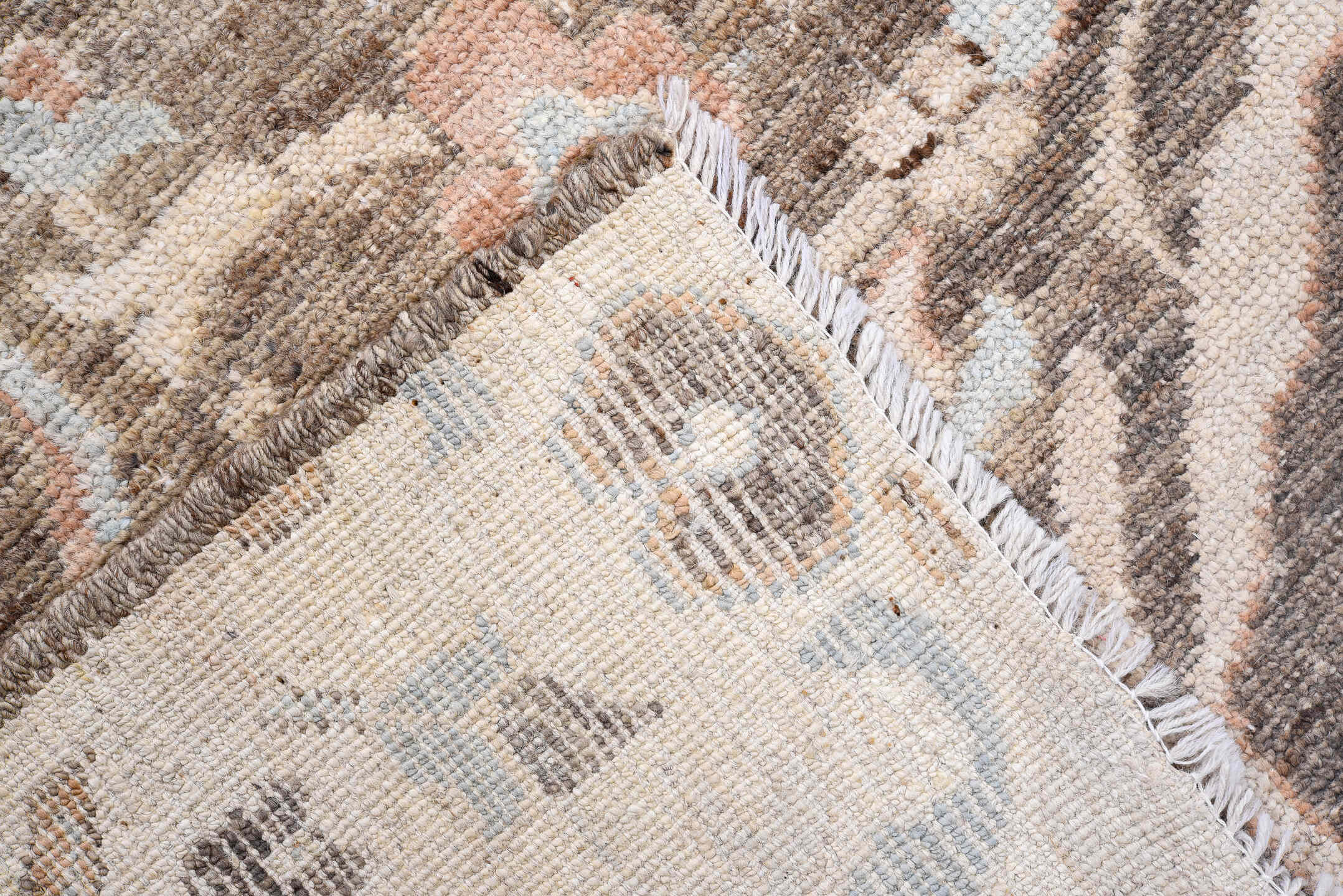 8' x 10' one-of-a-kind handmade vintage Oushak large size rug. Color palette: taupe, ivory, pale blue, terra cotta, brown