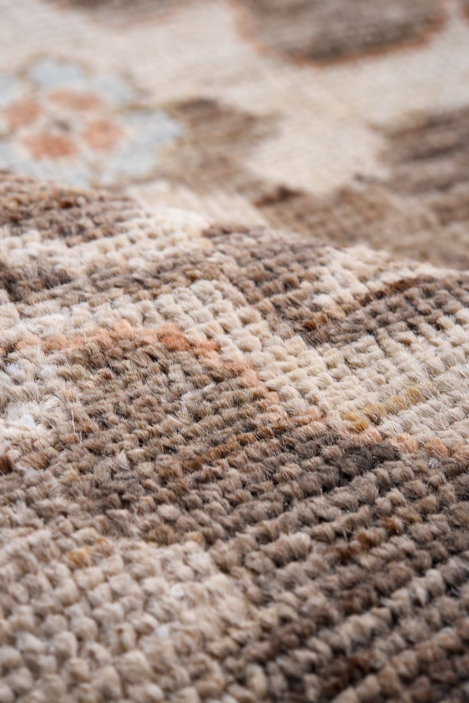 8' x 10' one-of-a-kind handmade vintage Oushak large size rug. Color palette: taupe, ivory, pale blue, terra cotta, brown