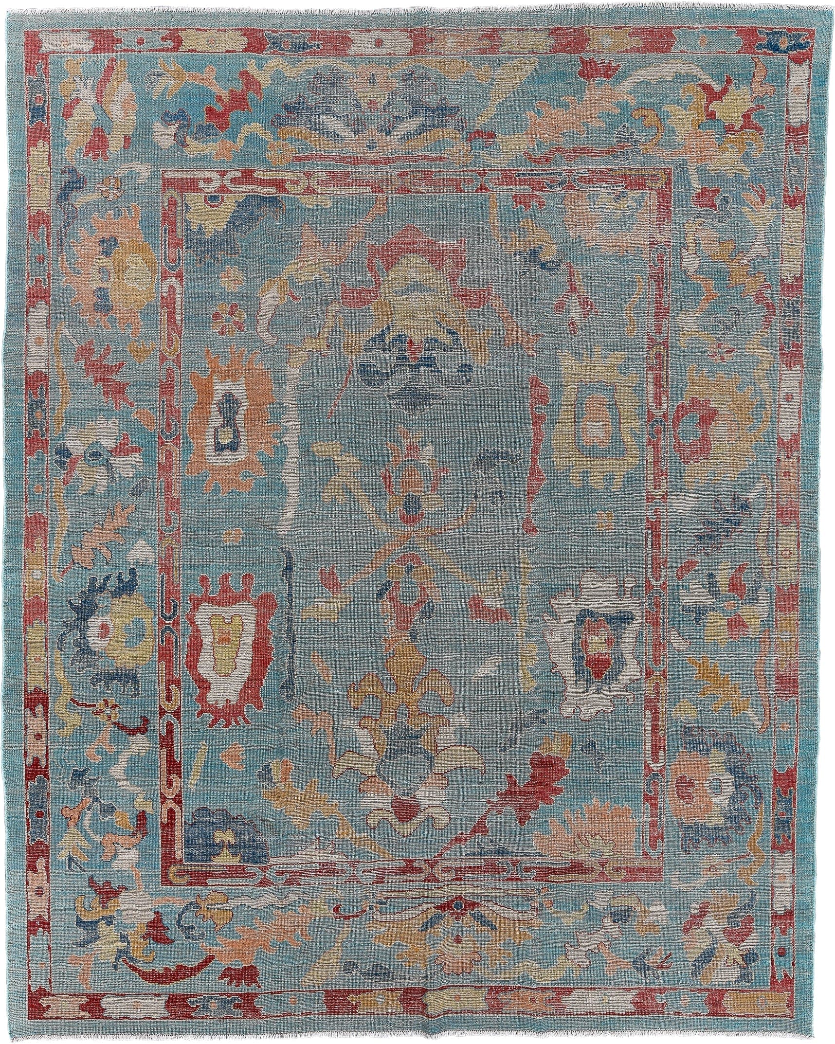 7' x 9' one-of-a-kind handmade vintage Oushak large size rug. Color palette: light blue, ivory, coral, gold, slate, cream