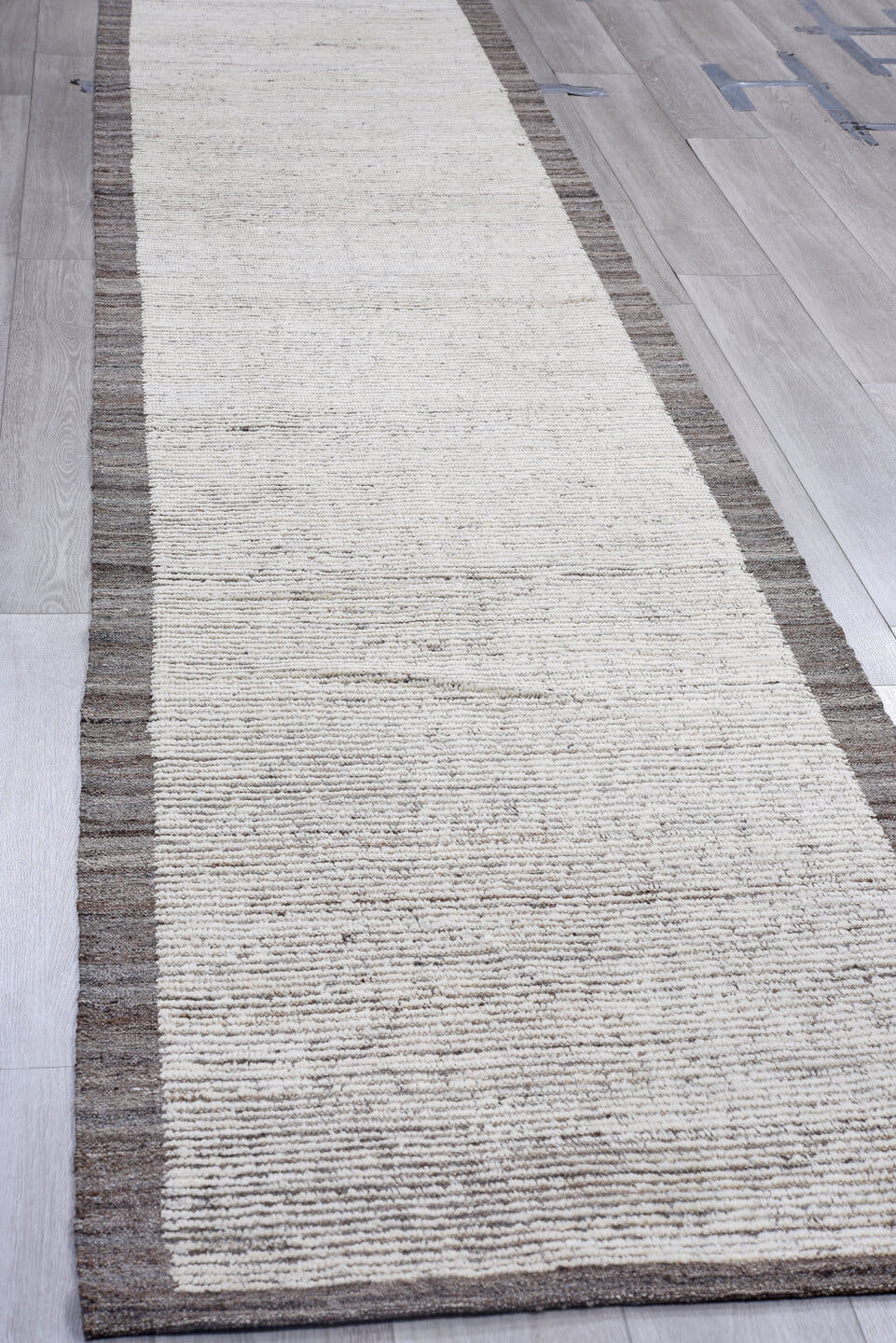 3' x 13' one-of-a-kind handmade vintage Tulu runner rug. Color palette: ivory, gray, taupe, charcoal, beige, black