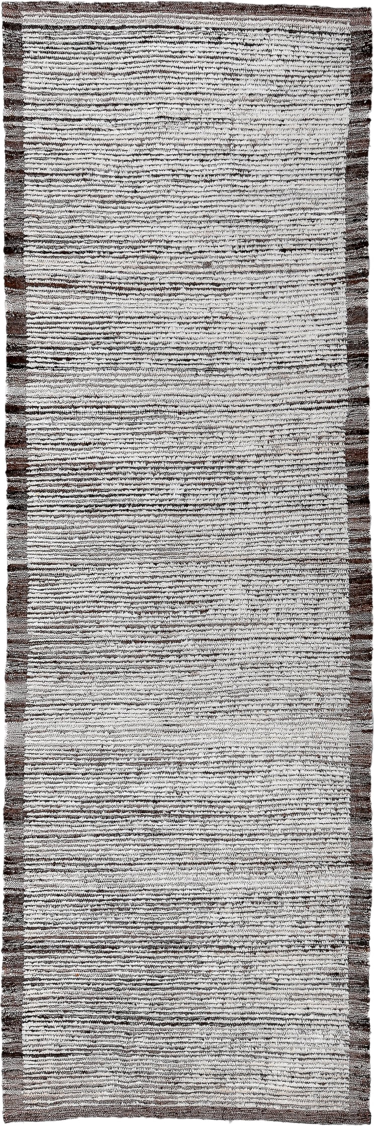 3' x 9' one-of-a-kind handmade vintage Tulu runner rug. Color palette: ivory, brown, taupe, charcoal, beige, gray, black