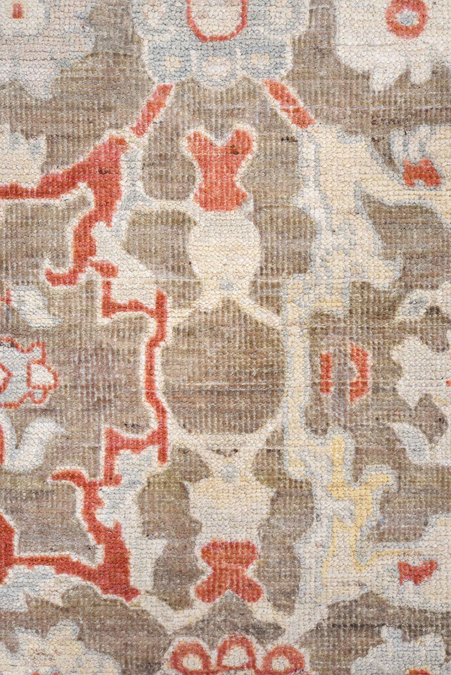 3' x 5' one-of-a-kind handmade vintage Oushak small size rug. Color palette: taupe, ivory, rust, pale blue, cream, camel