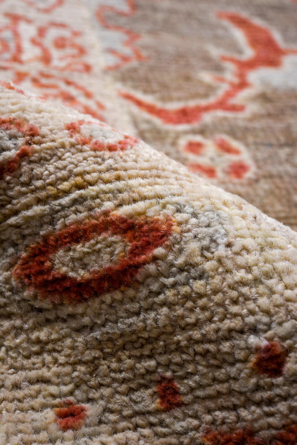 3' x 5' one-of-a-kind handmade vintage Oushak small size rug. Color palette: taupe, ivory, rust, pale blue, cream, camel