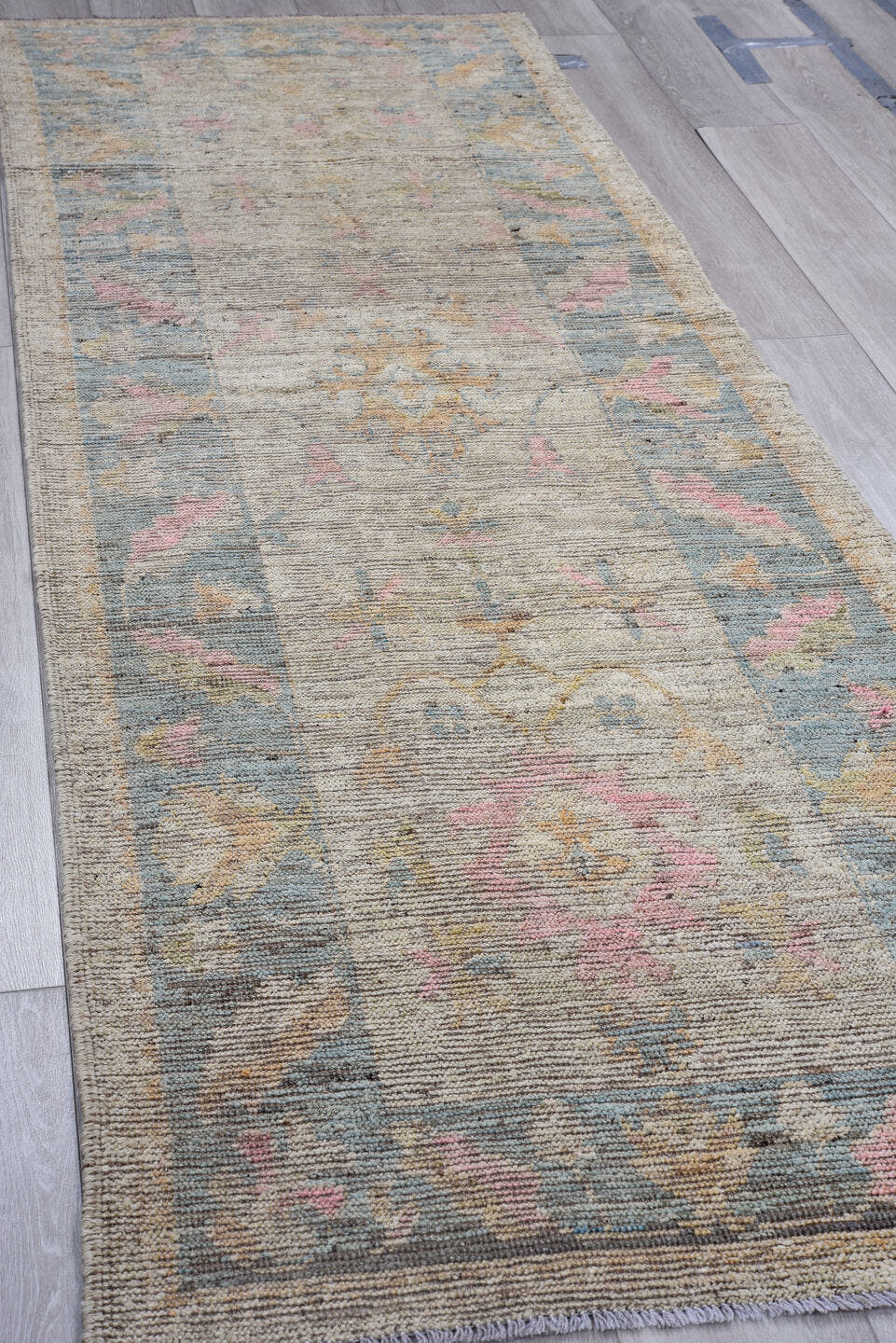 3' x 9' one-of-a-kind handmade vintage Oushak runner rug. Color palette: taupe, dusty blue, ivory, blush, pale gold, beige