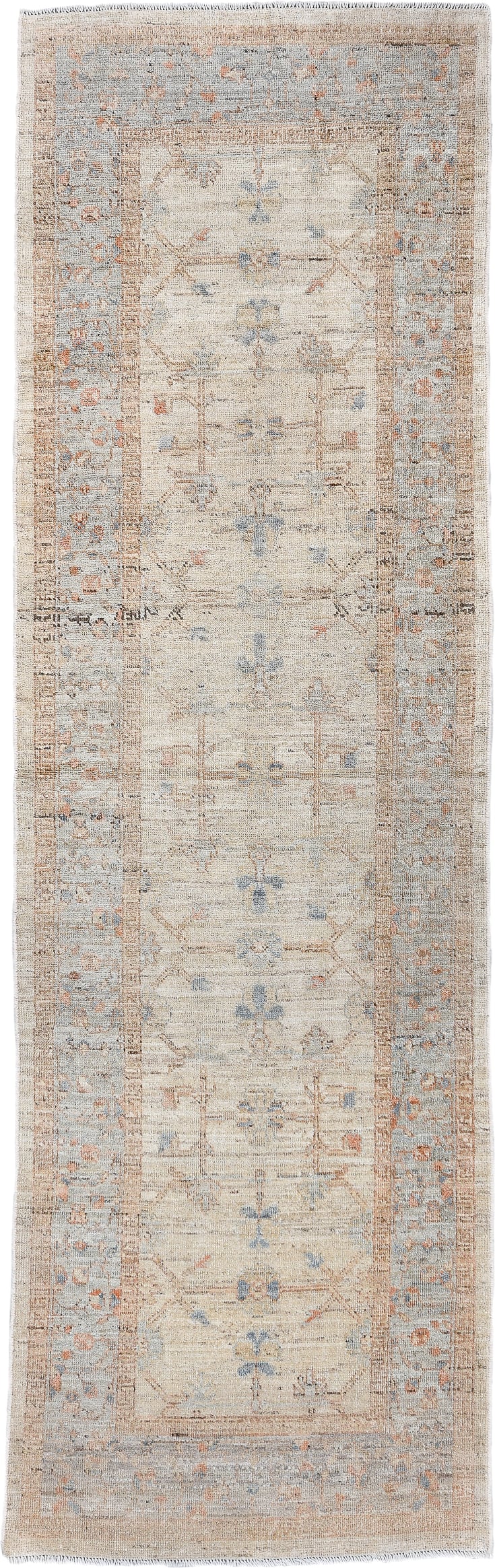 3' x 9' one-of-a-kind handmade vintage Oushak runner rug. Color palette: ivory, pale blue, beige, taupe, rust, camel