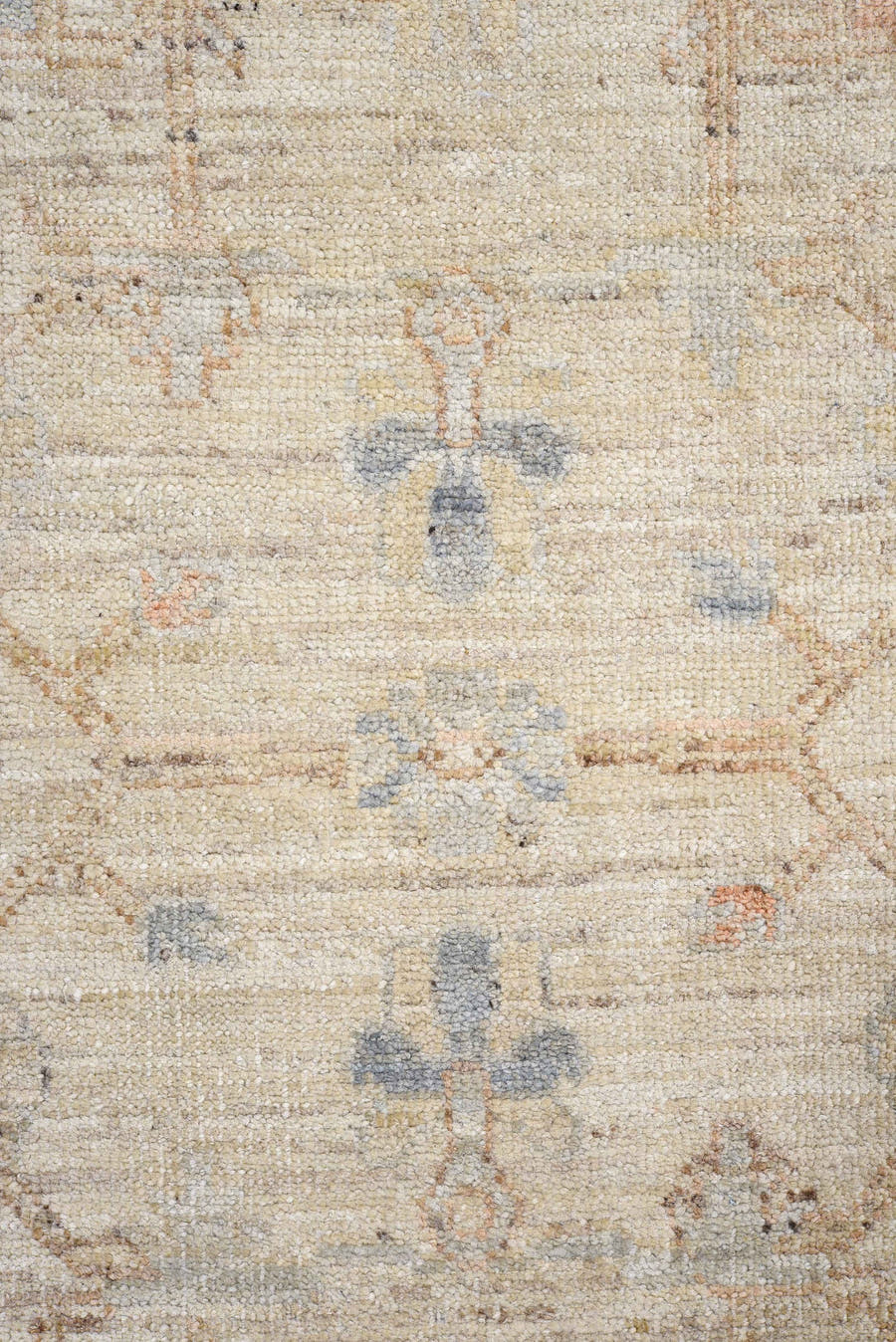 3' x 9' one-of-a-kind handmade vintage Oushak runner rug. Color palette: ivory, pale blue, beige, taupe, rust, camel