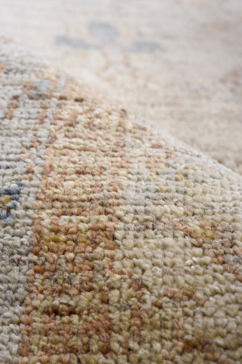 3' x 9' one-of-a-kind handmade vintage Oushak runner rug. Color palette: ivory, pale blue, beige, taupe, rust, camel