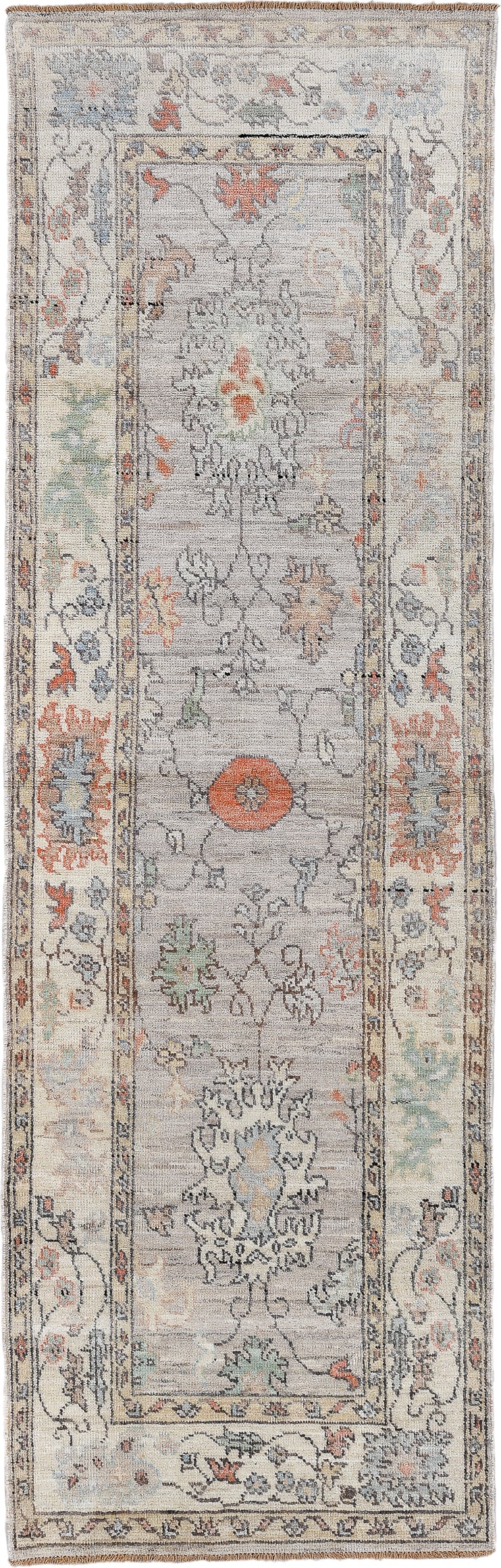 3' x 9' one-of-a-kind handmade vintage Oushak runner rug. Color palette: ivory, taupe, slate, sage, coral, muted blue, cream