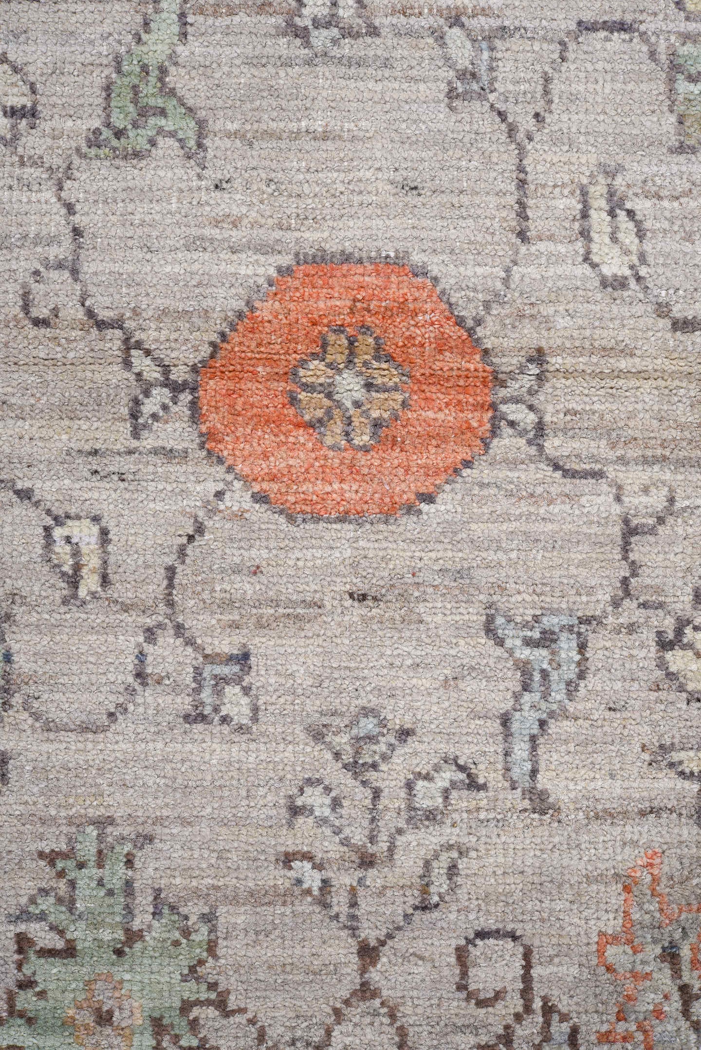 3' x 9' one-of-a-kind handmade vintage Oushak runner rug. Color palette: ivory, taupe, slate, sage, coral, muted blue, cream