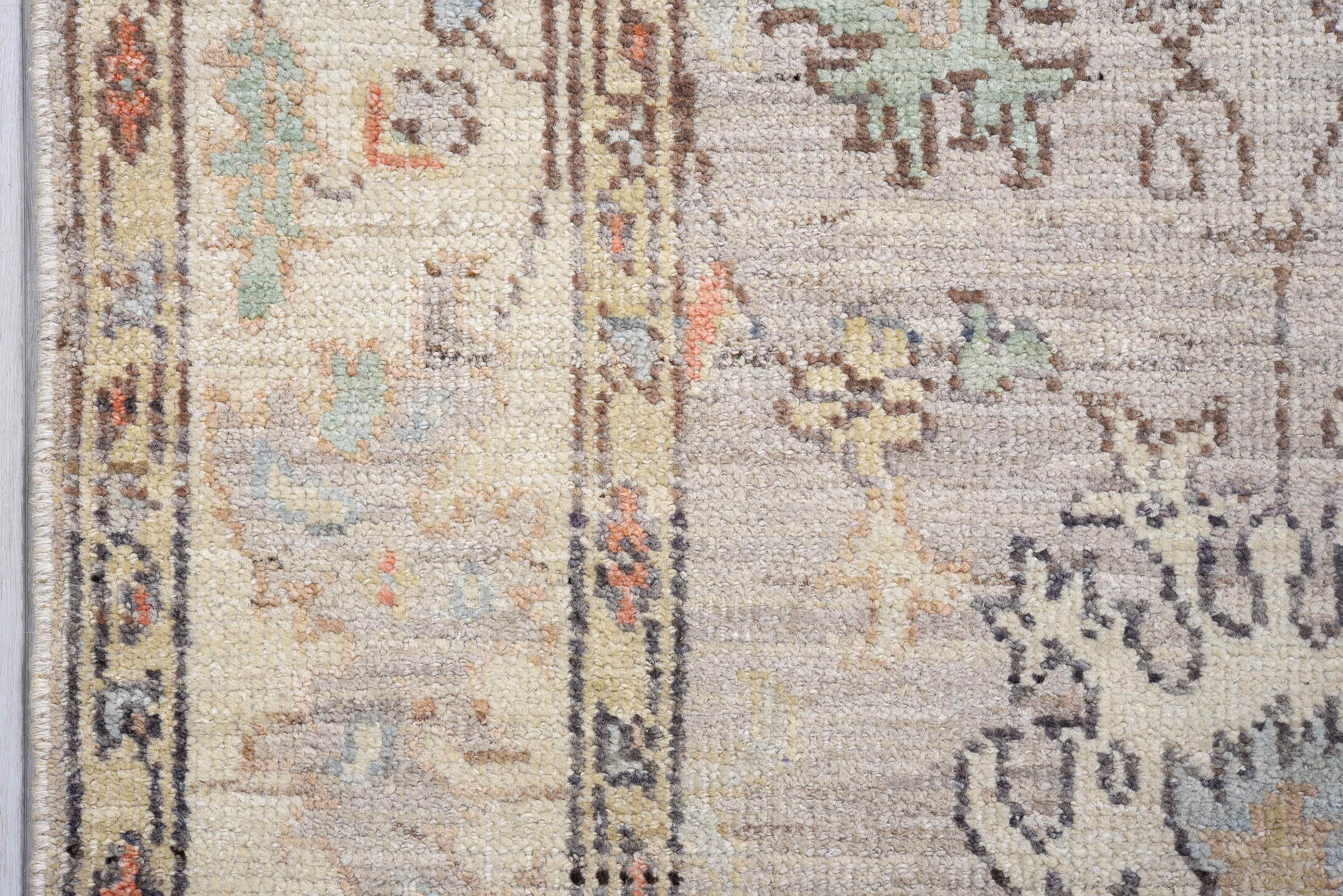 3' x 9' one-of-a-kind handmade vintage Oushak runner rug. Color palette: ivory, taupe, slate, sage, coral, muted blue, cream