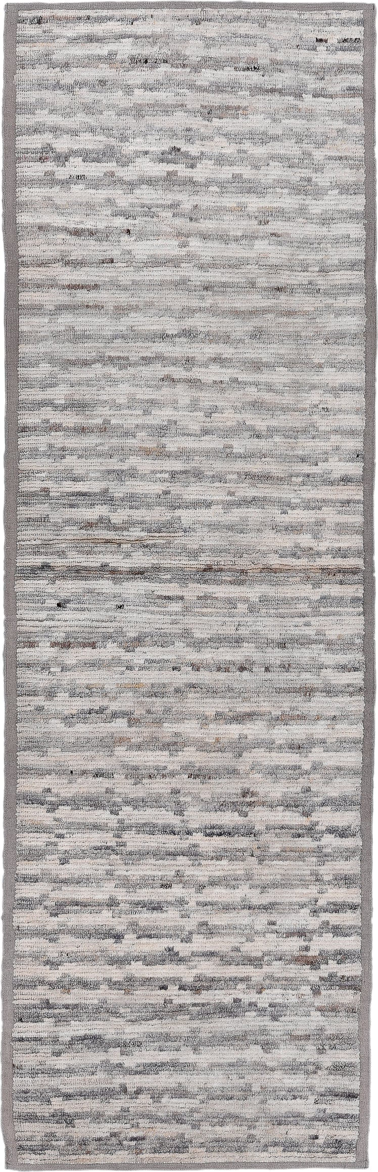 3' x 9' one-of-a-kind handmade vintage Tulu runner rug. Color palette: ivory, gray, taupe, charcoal, cream, beige, black