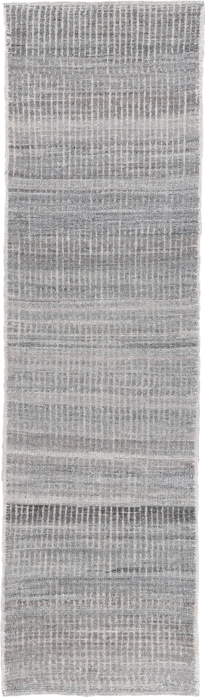 2' x 9' one-of-a-kind handmade vintage Tulu runner rug. Color palette: gray, ivory, charcoal, taupe, black, beige