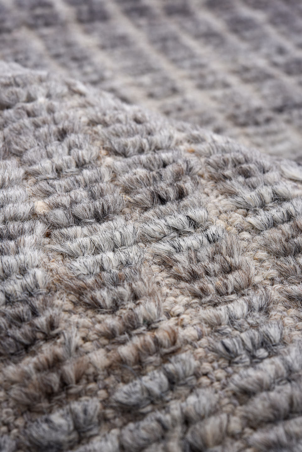 2' x 9' one-of-a-kind handmade vintage Tulu runner rug. Color palette: gray, ivory, charcoal, taupe, black, beige