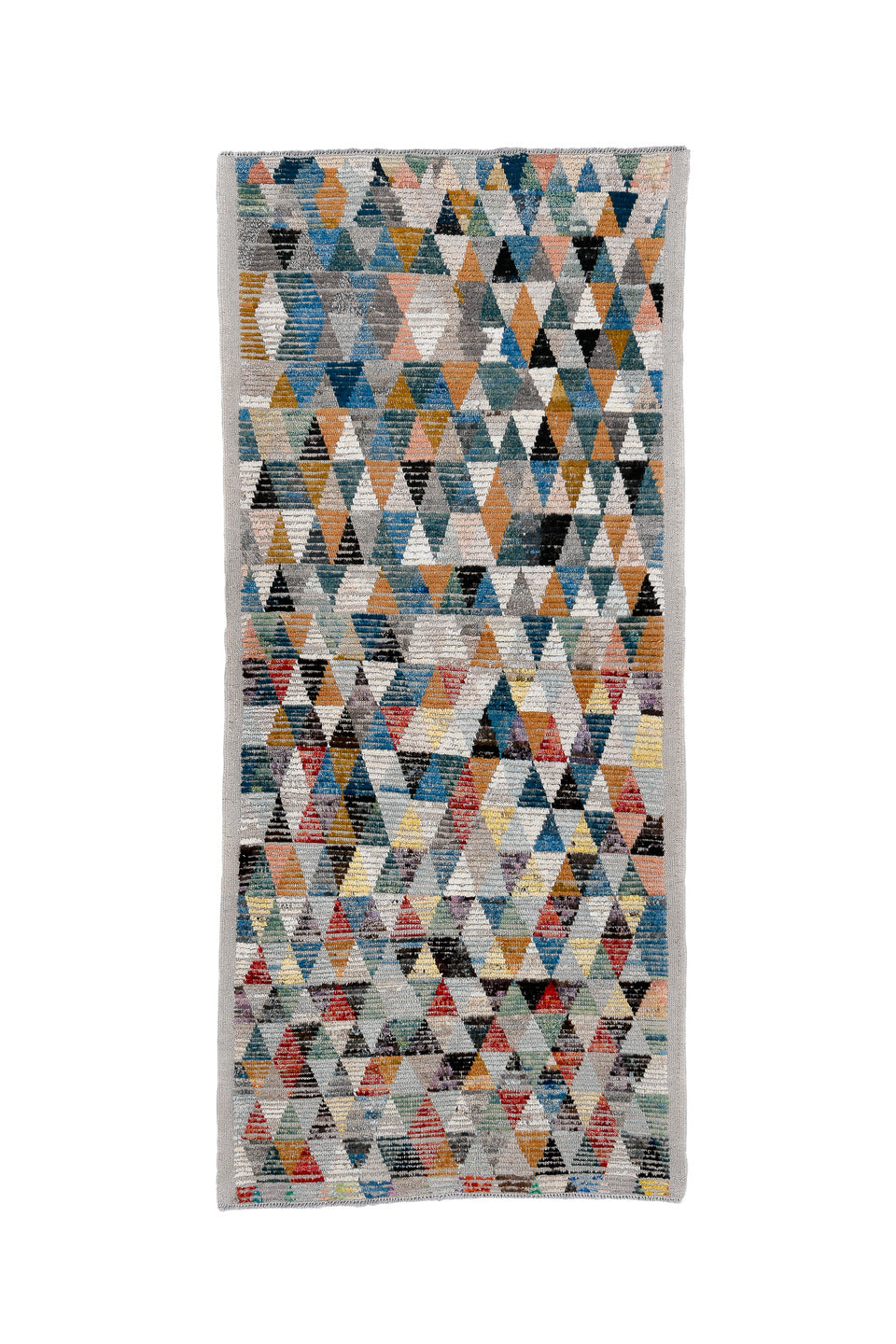 3' x 7' one-of-a-kind handmade vintage Tulu runner rug. Color palette: arapawa, black, blue, brown, dark gray, dim gray