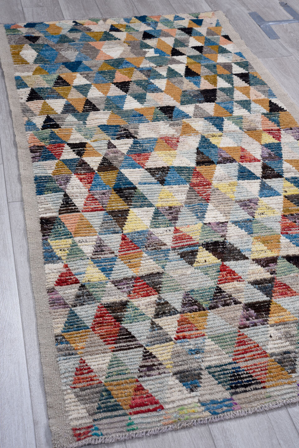 3' x 7' one-of-a-kind handmade vintage Tulu runner rug. Color palette: gray, ivory, teal, saffron, black, coral, sky_blue