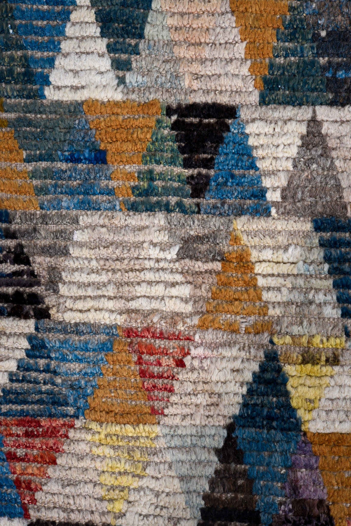 3' x 7' one-of-a-kind handmade vintage Tulu runner rug. Color palette: gray, ivory, teal, saffron, black, coral, sky_blue