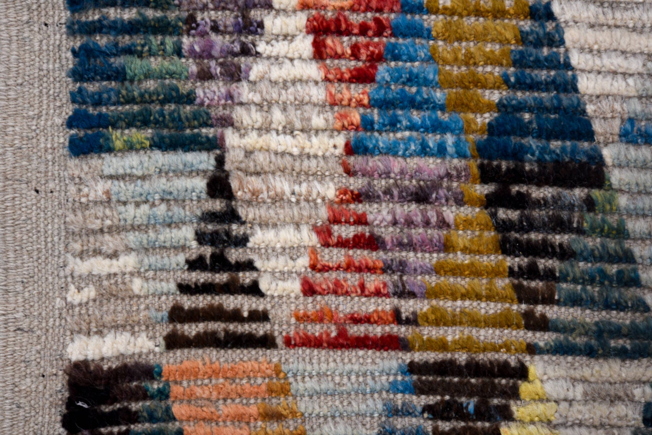 3' x 7' one-of-a-kind handmade vintage Tulu runner rug. Color palette: gray, ivory, teal, saffron, black, coral, sky_blue