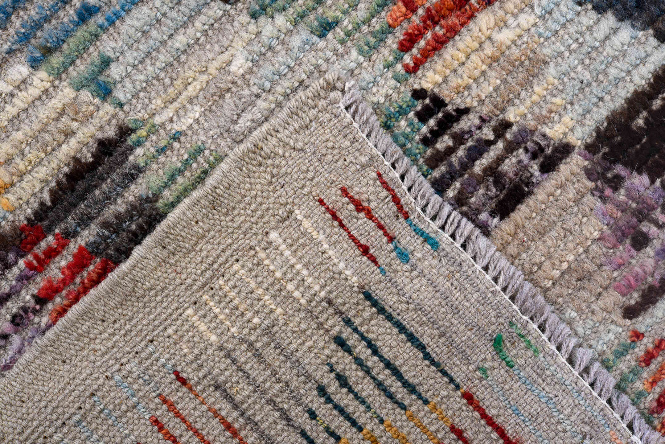3' x 7' one-of-a-kind handmade vintage Tulu runner rug. Color palette: gray, ivory, teal, saffron, black, coral, sky_blue
