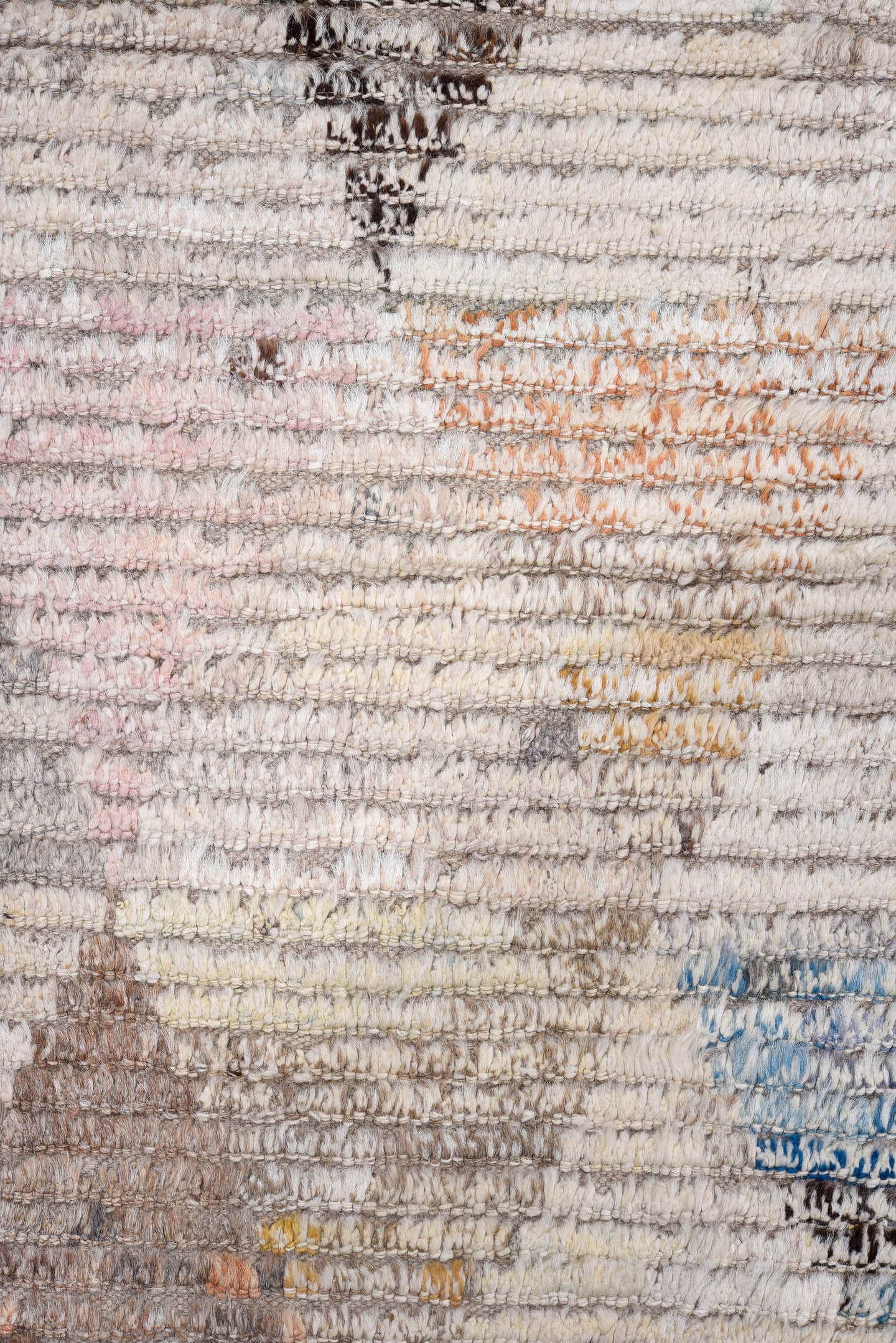 3' x 9' one-of-a-kind handmade vintage Tulu runner rug. Color palette: ivory, taupe, gray, charcoal, sky blue, blush, rust