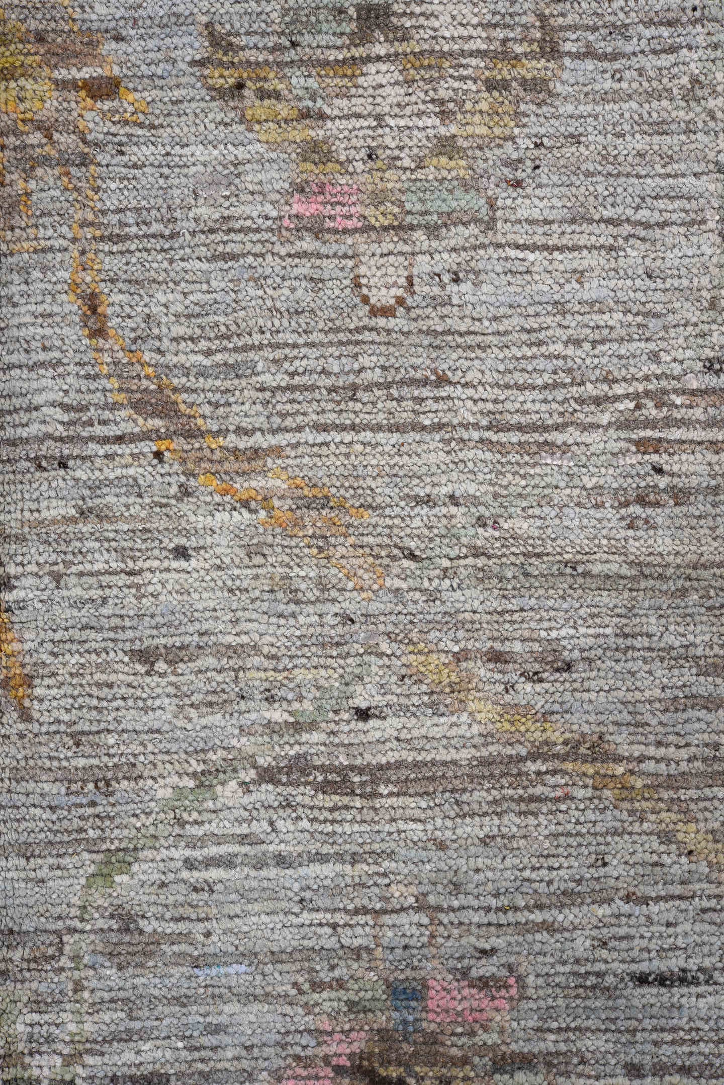 7' x 9' one-of-a-kind handmade vintage Oushak rug. Color palette: gray, taupe, gold, blush, blue, brown, ivory, beige, pink